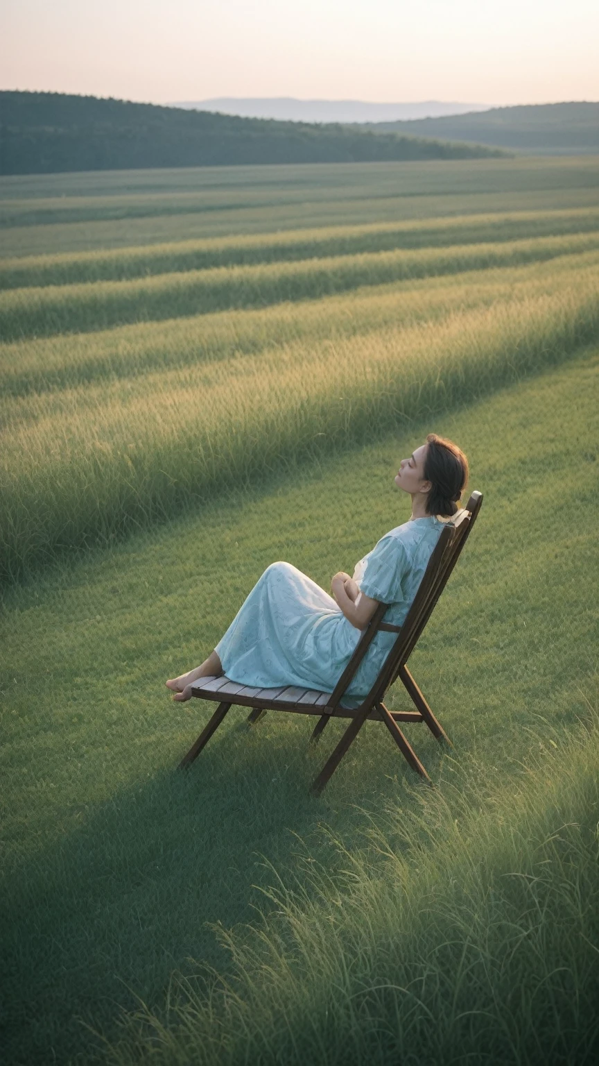 realistic,score_9, score_8_up, score_7_up,
serene landscape, tall grass, swaying gently, vast fields, woman, seated, wooden chair, arms resting back, head tilted upwards, sunbathing, soft breeze, dynamic, lively feel, tranquility, relaxation.