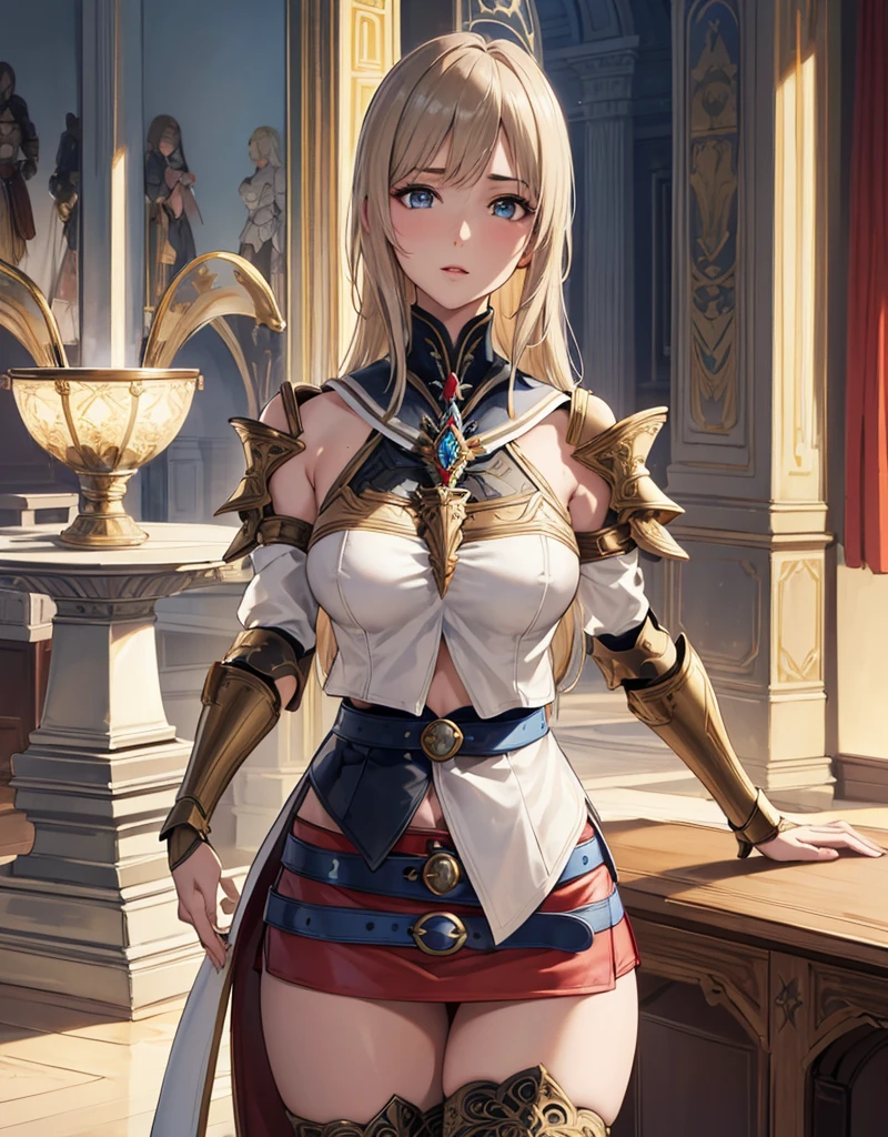 nsfw, Movie Scenes, Fantasy art, Best image quality, Surreal Portraits,(8K),Ultra-realistic,最high quality ,high quality, High resolution, High quality texture,High detail, beautiful, detailed, Extremely detailed CG,Detailed texture,Realistic facial expressions, masterpiece, in front,dynamic,bold,1 Girl, Yuki Mori:1.51 female, 25 years old, light brown hair, long hair, up bang hair, floating hair, Highly detailed skin,curve,,Beautiful breasts,medium Breasts, Pale skin, Pointed Chest, Erect nipples,),{Highest quality}, {とてもbeautiful}, {Super detailed}, {最高のAn illustration}, masterpiece,{{{{{skirt lift:1.5}}}}},{{{{{show off blue panties:1.9}}}}},garter belt:1.2,((Holy Knight)), Smooth breastplate, ((Platinum Armor))、((((Extremely detailed and intricately decorated armor:1.1)))),Red Cowboy Shot,smooth udder、big 、(Golden Ratio,Tabletop, Highest quality, Highest quality, Official Art, beautifully、beautiful:1.2), Very detailed, colorful,Best details,An illustration, Great scene, Asheria Costume:1.5, Asheria Costume:1.5, mini skirt,Knee socks, Thighs, gem, Blue Belt,Belt number 1),Course of action, A look of contempt ,From below