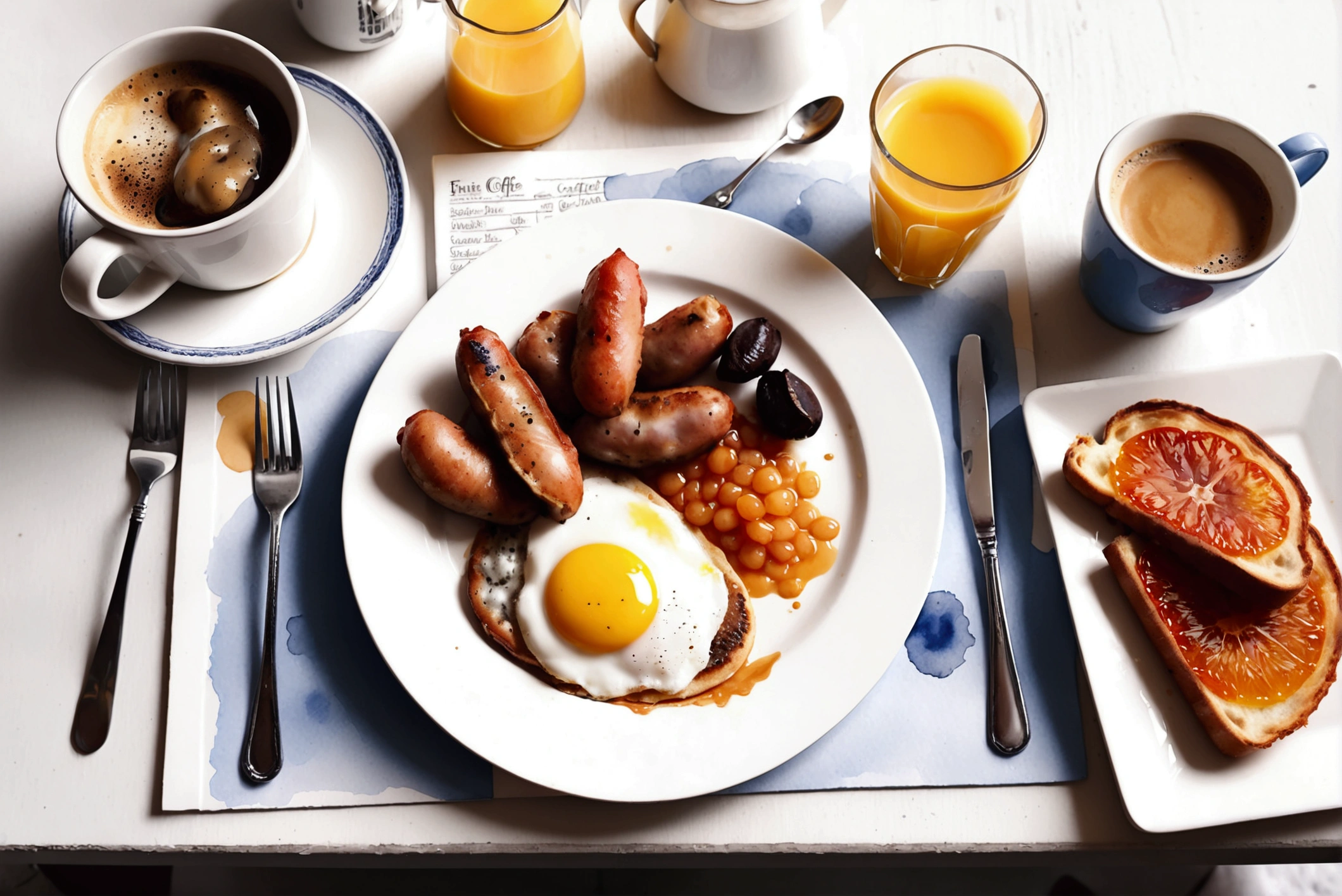 a very clean image painting of a full english breakfast menu, full dining set, solid white background, center composition, negative space around the object, washed out color, detailed masterpiece, loose drawing, clipart, vector art, illustration, a cup of (coffee), an orange juice, (watercolor)