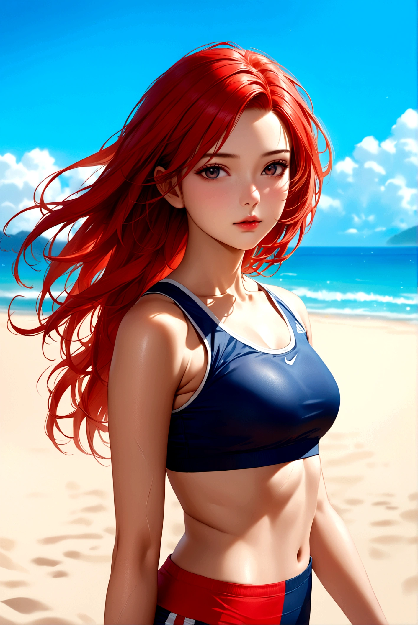 (masterpiece, best quality:1.4),(beautiful, aesthetic, perfect, delicate, intricate:1.2),8K,Ultra HD,(Anatomically correct),((Textured Skin)),(A beautiful girl:1.2),(delicate facial features),(realistic:1.3),photorealistic,intricate,hyper detailed,(perfect face),((red hair)),smooth lighting,beautiful lighting,perfect lighting,Wearing sportswear,play volleyball on the beach,smooth skin,Sexy,Nice ass