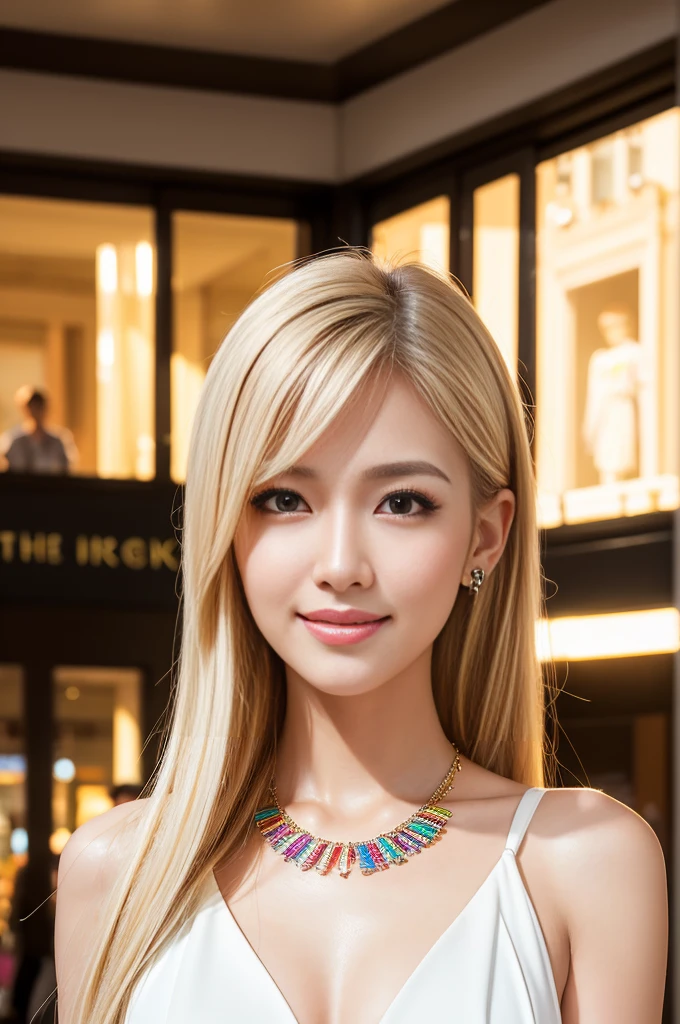 (masterpiece:1.4), (best quality:1.4), ultra high res, ultra high resolution, ((detailed facial features)), HDR, (realistic, photorealistic, photo-realistic:1.37), closeup, sexy seductive Thai woman, (seductive smile), long lashes, beautiful makeup, platinum blonde hair, fair skin, slender figure, elegant posture, wearing large sparkling colorful jewelery, wearing a business style leather dress, standing in a large shopping mall, gentle sunlight shining through the shopping mall windows, casting a soft glow on her face, adding warmth to the scene, vibrant colors, capturing the essence of vibrant city life, portrait style, showcasing her natural beauty and grace in a feminine way