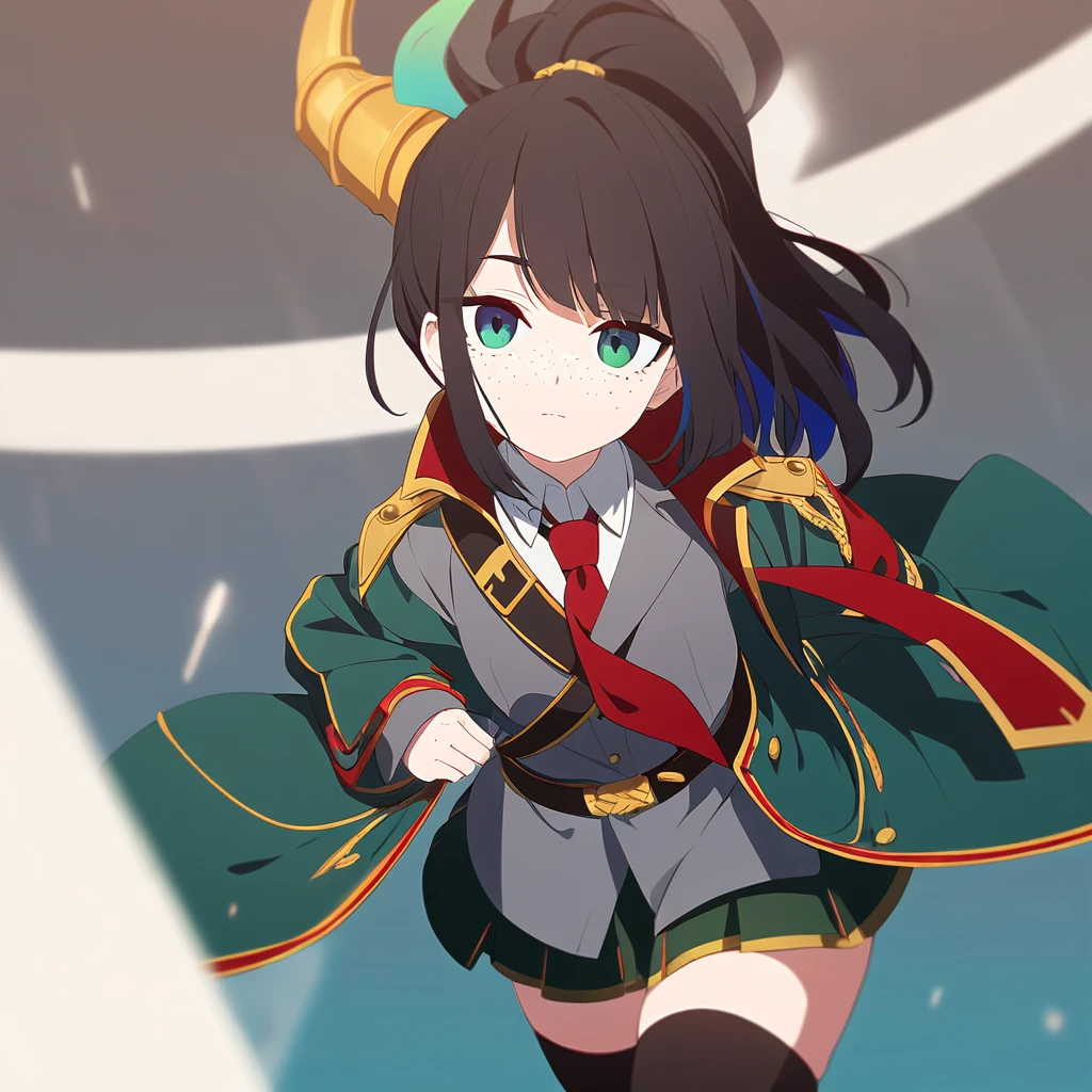 A girl in the Boku no hero style, gray uniform with a white blouse underneath with a red tie on the sleeve, two green stripes and the coat fastened with gold buttons,
At the bottom, a dark green skirt and knee-length stockings. The girl has black hair with blue highlights tied in a ponytail and cut at the sides., She has freckles on her dark skin with one green eye and one blue eye. She has a horn on each side of her head, one blue and one black.