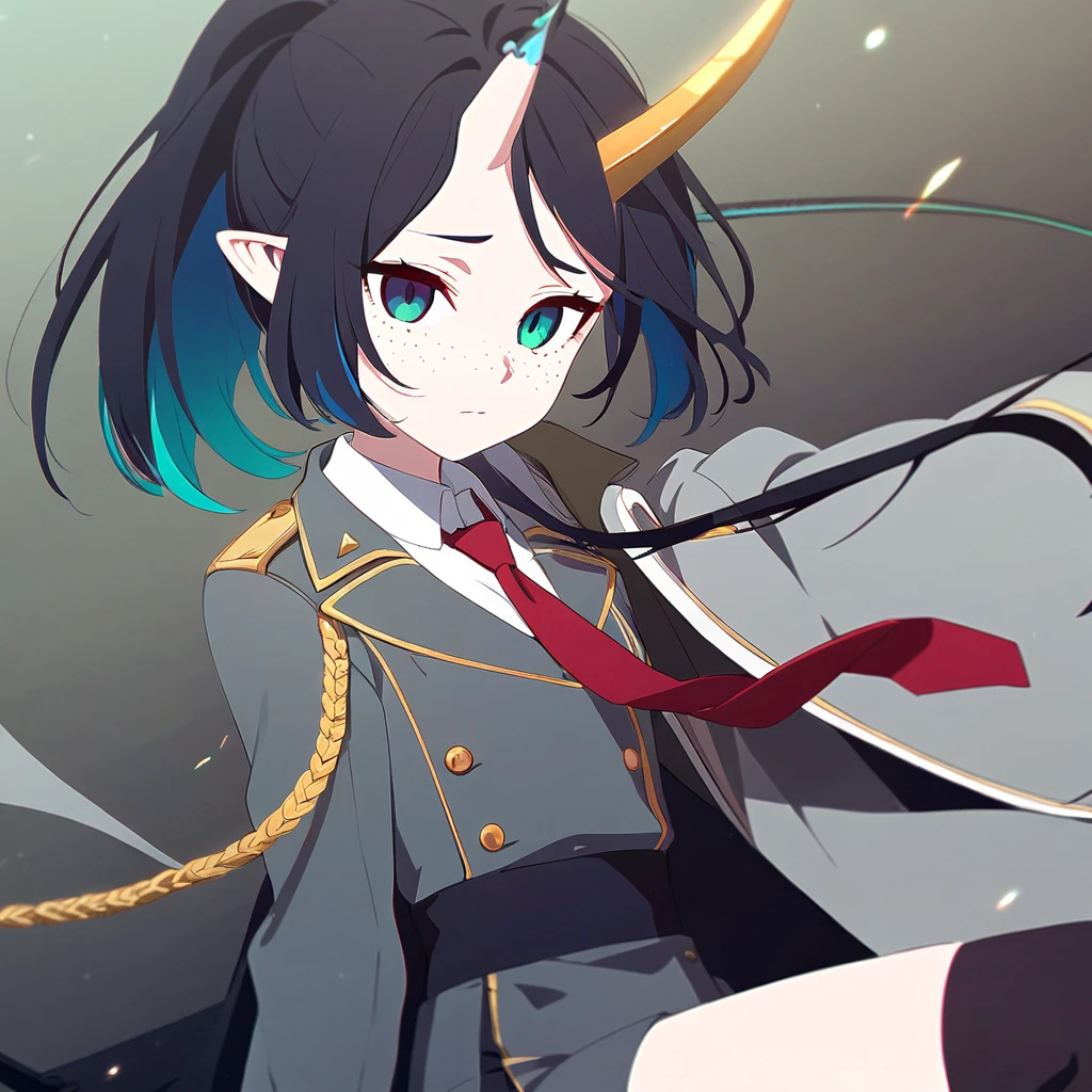 A girl in the Boku no hero style, gray uniform with a white blouse underneath with a red tie on the sleeve, two green stripes and the coat fastened with gold buttons,
At the bottom, a dark green skirt and knee-length stockings. The girl has black hair with blue highlights tied in a ponytail and cut at the sides., She has freckles on her dark skin with one green eye and one blue eye. She has a horn on each side of her head, one blue and one black.