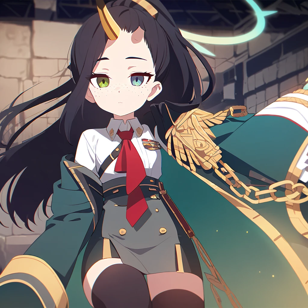 A girl in the Boku no hero style, gray uniform with a white blouse underneath with a red tie on the sleeve, two green stripes and the coat fastened with gold buttons,
At the bottom, a dark green skirt and knee-length stockings. The girl has black hair with blue highlights tied in a ponytail and cut at the sides., She has freckles on her dark skin with one green eye and one blue eye. She has a horn on each side of her head, one blue and one black.