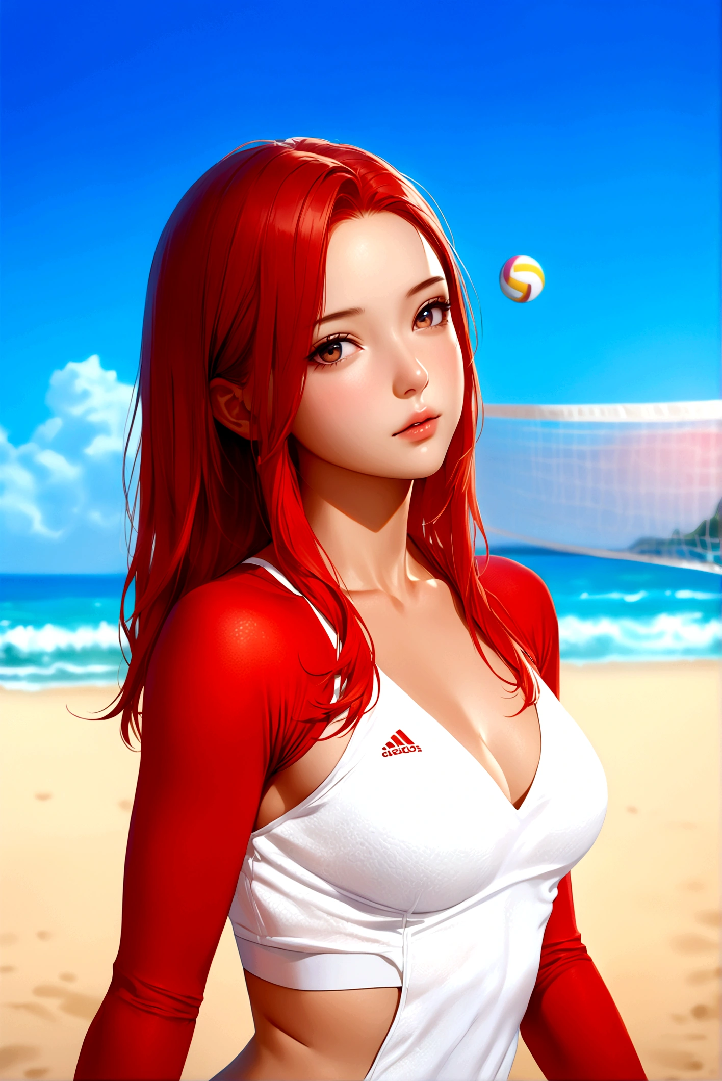 (masterpiece, best quality:1.4),(beautiful, aesthetic, perfect, delicate, intricate:1.2),8K,Ultra HD,(Anatomically correct),((Textured Skin)),(A beautiful girl:1.2),(delicate facial features),(realistic:1.3),photorealistic,intricate,hyper detailed,(perfect face),((red hair)),smooth lighting,beautiful lighting,perfect lighting,Wearing sportswear,play volleyball on the beach,smooth skin,Sexy,Nice ass