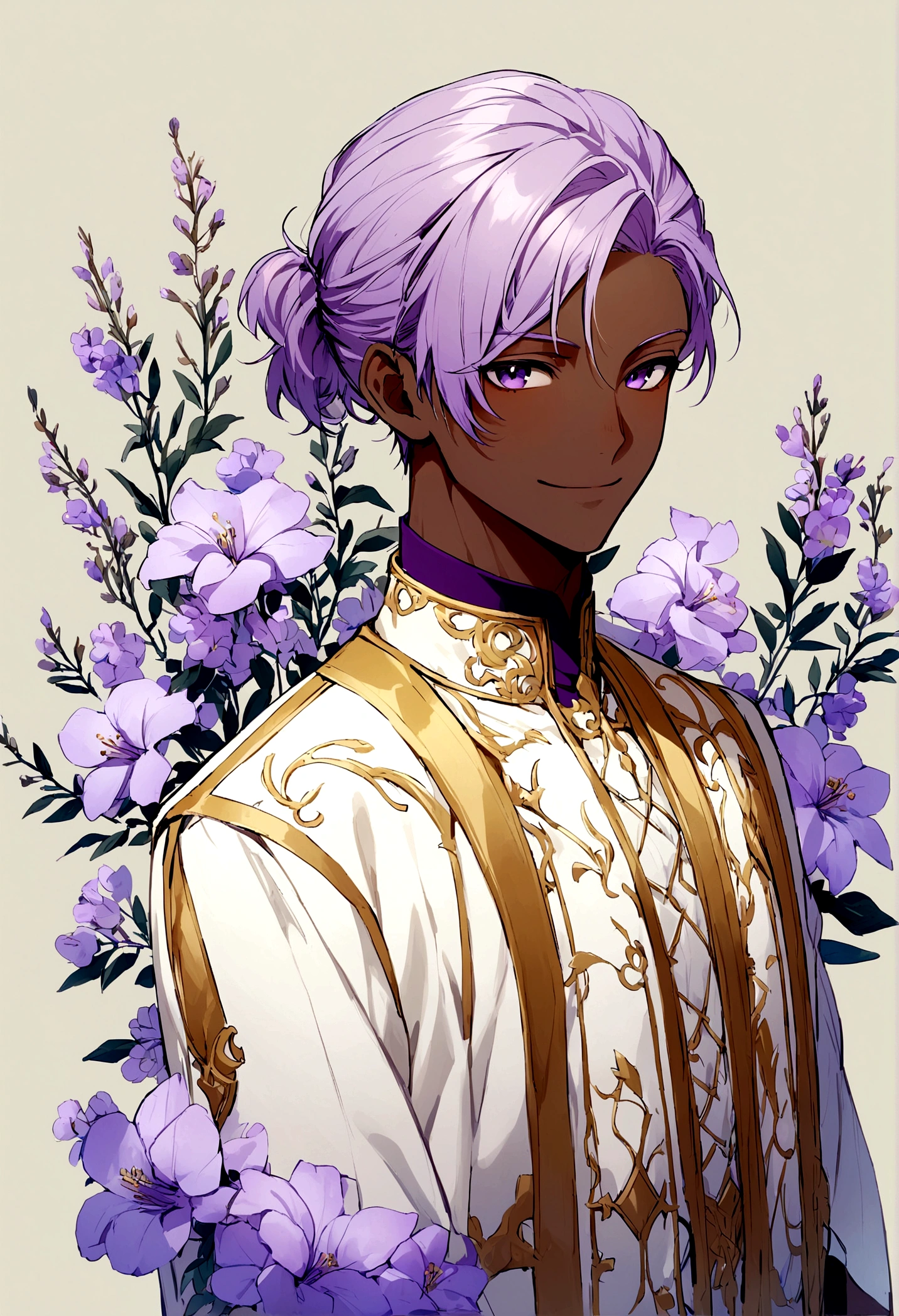 Beautiful youth,One Man,27 years old,Brown Skin,Light purple hair,Purple eyes,Upper Body,Simple hairstyle,masculine body,smile