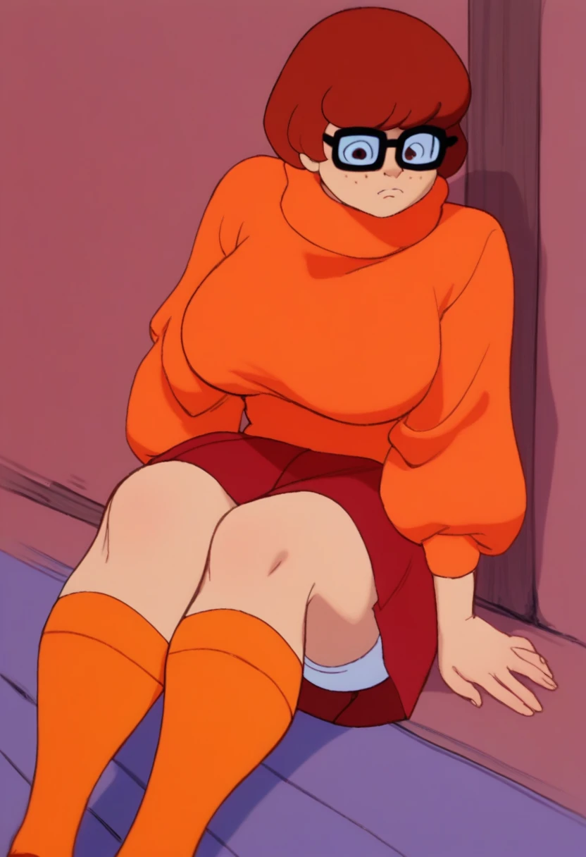 score_9, score_8_up, score_7_up, source_anime BREAK 1girl, VelmaXL, 1girl, solo, short hair, brown hair, shirt, glasses, socks, sweater, knee highs, turtleneck, freckles, orange shirt, orange sweater, full view, brown eyes, large breasts, huge breasts, skirt down at ankles, white panties, looking down