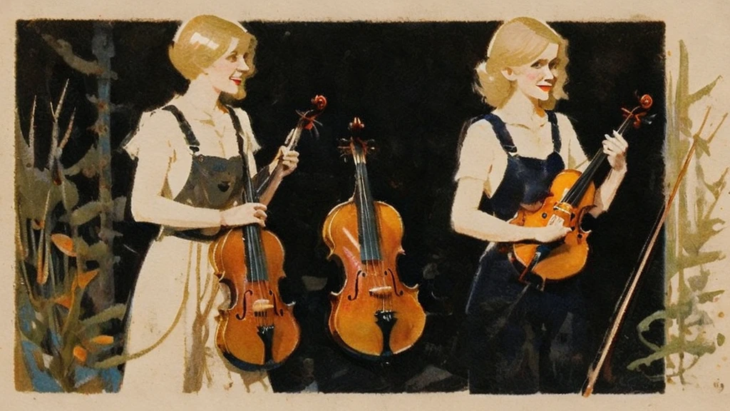 The stylized, detailed illustrations feature a female character with pale skin and short blonde hair holding a violin. She has big, expressive eyes and a mischievous smile. The characters wear dark, tattered outfits complete with harnesses and accessories. Behind her was a skeleton playing the cello. which adds a gothic and eerie atmosphere to the scene. The background consists of a dark and complex design. The overall color scheme is muted with shades of brown, beige and black, complementing the dark and mysterious theme of the artwork.