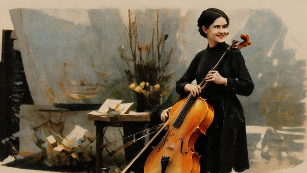 The stylized, detailed illustrations feature a female character with pale skin and short blonde hair holding a violin. She has big, expressive eyes and a mischievous smile. The characters wear dark, tattered outfits complete with harnesses and accessories. Behind her was a skeleton playing the cello. which adds a gothic and eerie atmosphere to the scene. The background consists of a dark and complex design. The overall color scheme is muted with shades of brown, beige and black, complementing the dark and mysterious theme of the artwork.