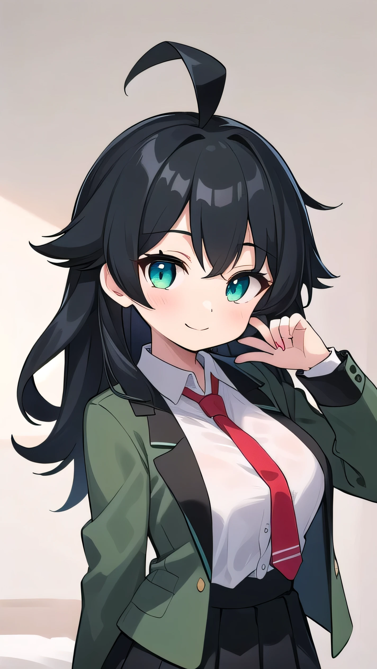  who looks like an elementary school student,, 140 cm tall, black hair w green tinge, short ahoge, beautiful long hair but with a little hair sticking out, beautiful round eyes, blue eyes, smile, boyish, long sleeves, Thick clothes, skirt, big breasts, hair longer than waist, long hair, childish face, gentle smile, a little shy, black skirt, black hair with a slight green tinge, boyish, gentle smile, jacket one size larger, ( Deep greenish black hair: 1.3), dark green jacket, white shirt, (red tie:1.5), black skirt