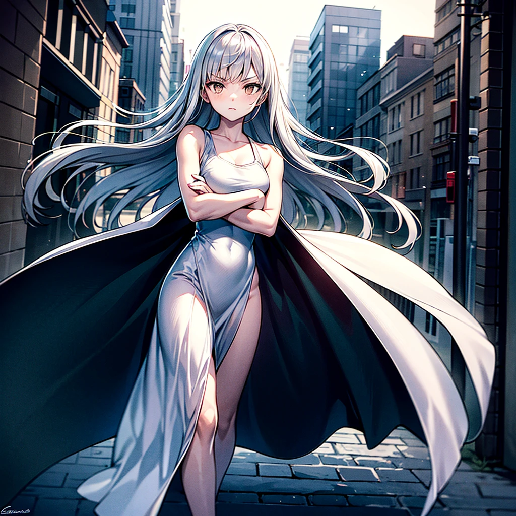 Create a girl of about 16 years old from 1,66 tall, beautiful with fine and delicate features, with eyes of different colors, with snow-white skin and pink hues, with a slim hourglass-shaped body, with white hair down to the waist, with a serious expression on his face, showing the whole body, that she is on the edge of a very tall building where you can see the building where she is standing in the city of the anime hunter x hunter and that she is looking down with determination with an expressionless face with a slight smile , and with white clothes from the anime hunter x hunter