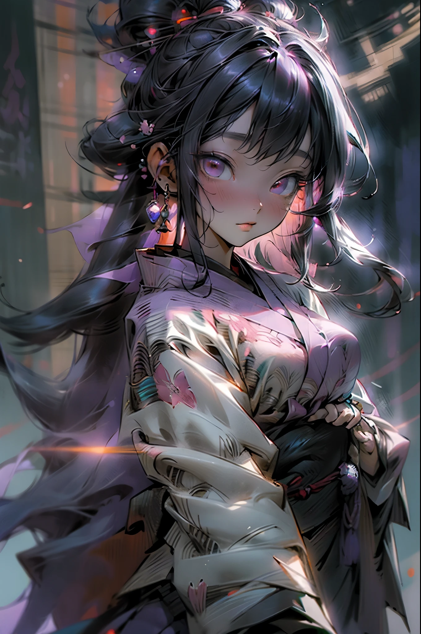 masterpiece, best quality, extremely detailed CG unity 8k wallpaper, Anime illustration of a woman wearing a kimono. A purple kimono tied with a red obi, long purple and black hair, droopy eyes, large eyes, clear black eyes, the background is dark, and the moonlight from the full moon makes it vaguely bright. is reflected and sparkles. The entire area is enveloped in particle-like Kurna light. Digital art, Octane rendering style