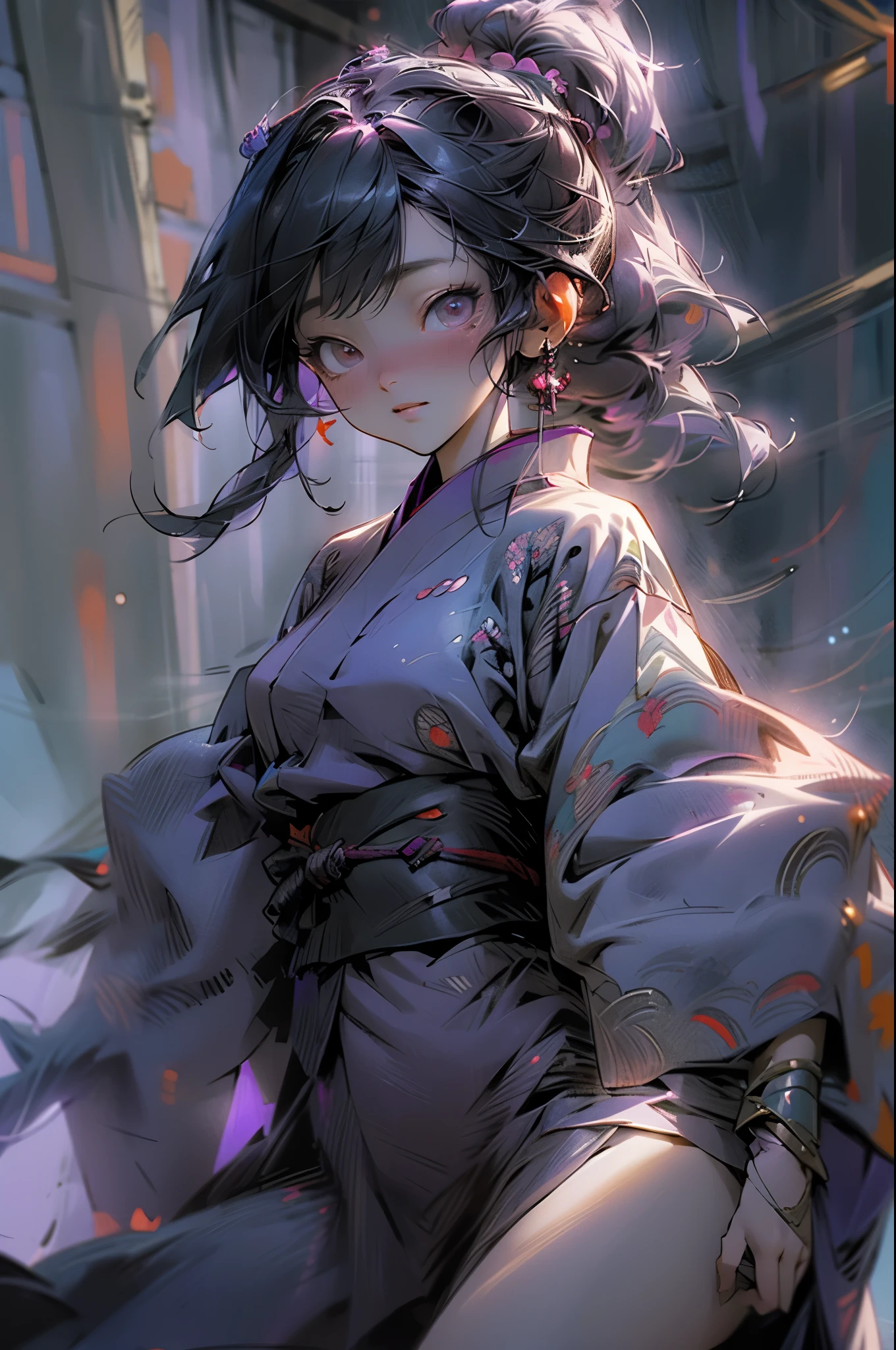 masterpiece, best quality, extremely detailed CG unity 8k wallpaper, Anime illustration of a woman wearing a kimono. A purple kimono tied with a red obi, long purple and black hair, droopy eyes, large eyes, clear black eyes, the background is dark, and the moonlight from the full moon makes it vaguely bright. is reflected and sparkles. The entire area is enveloped in particle-like Kurna light. Digital art, Octane rendering style