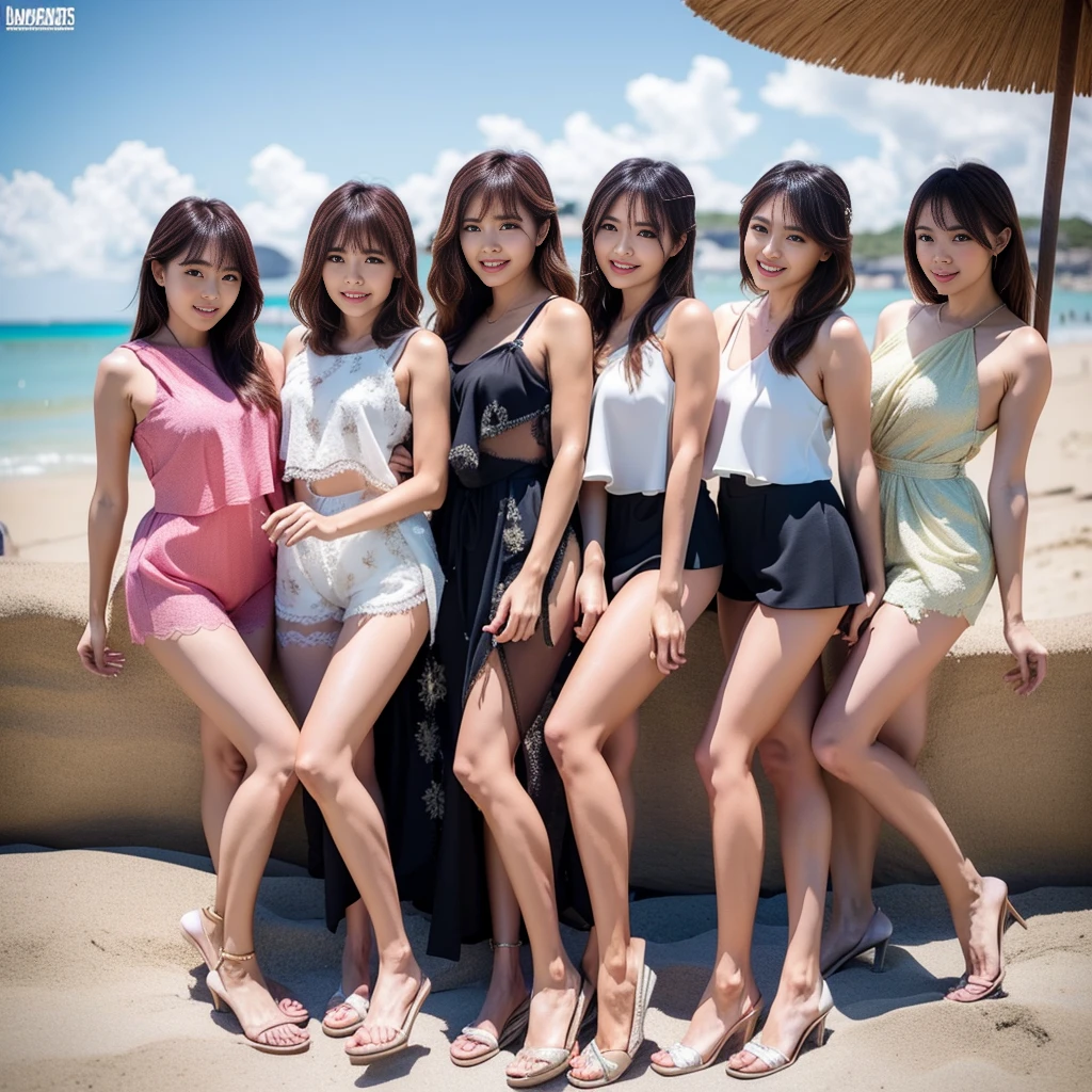 5 beautiful women in lingerie and hotpants, stylish and smiling, taking photos together on a beach, long hair with bangs, photorealistic, 8k, high quality, detailed, vibrant colors, natural lighting, cinematic