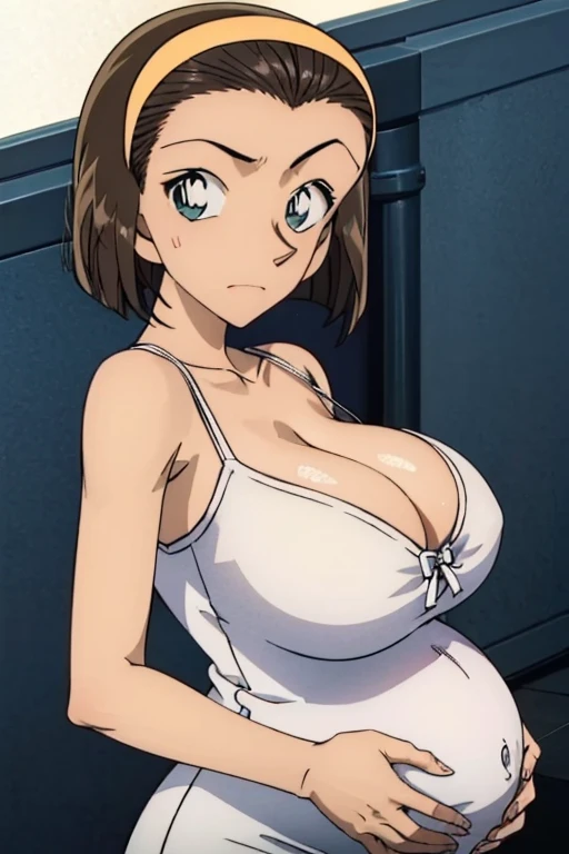 Looking into the camera、When I Look at You、lookatviewer、Anime Style、Eroge、1 Girl,  (Huge breasts), (Tight white camisole dress)、Low - Angle、Brown haired, hair band、Bob Hair、The forehead is visible、blush,The whole body is visible:1.5、Pregnant women、Cleavage、O-neck、Accentuate your breasts、(From the side:1)