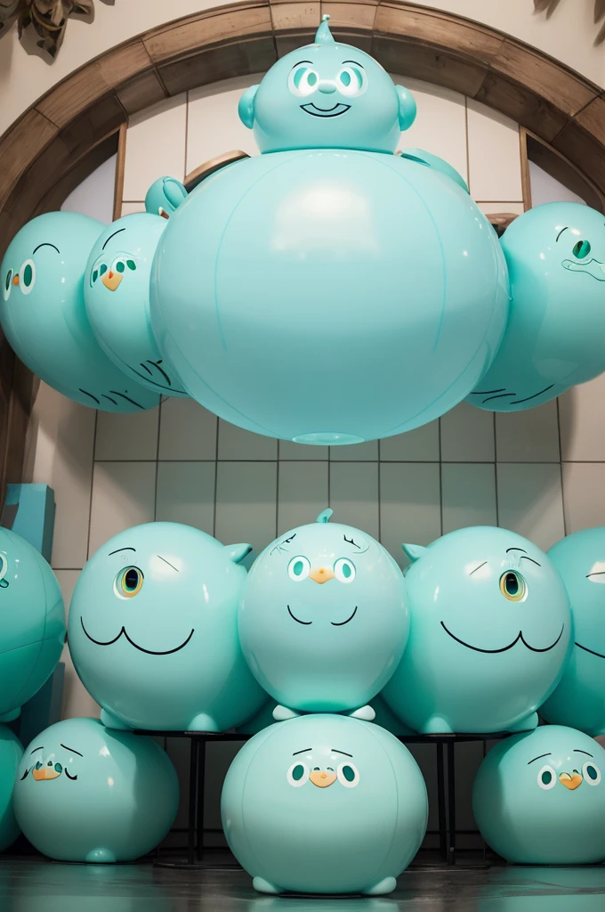 "Smiling and cheerful character。All Tiffany blue(Light blue-green)is unified with。The design is simplified、It has a distinctive rounded shape。The large eyes and arched mouth are impressive.、It exudes a warm atmosphere。The overall design gives a friendly and approachable impression.。