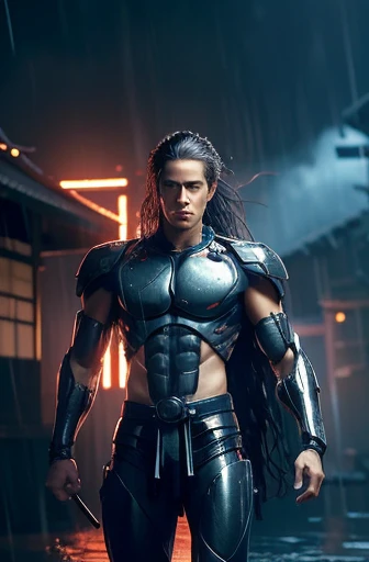 1 Male, A slim but muscular man, long hair with a slight curl, whole body,In his right hand he holds a Japanese sword,Brown eyes,(Black Mecha, Metallic Mecha), exquisite features, detailed feature, perfection , Dark Background, Field in flames, Technology Gate, Dimensional Portal, Photo Quality,Japanese Samurai Sensual,Grim expression,It rains,evening,Stay wet,The kimono is dark blue and damaged,