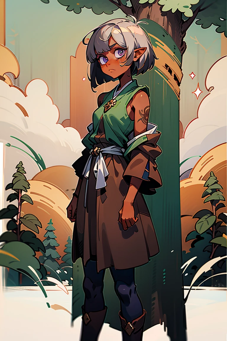 masterpiece, absurdres, 1girl, cowboyshot, tachi-e, adult woman, best aesthetics, small breasts, narrow hips, thin thighs, dark hair, narrow eyes, slanted eyes, brown skin, knee-length dress, round nose, very detailed face, clean lines, dynamic pose, anatomically correct, hyperdetailed, forest atmosphere, beige eyeshadow, clean makeup, violet eyes, detailed hair, sparkling eyes, nature, magic, fantasy, medieval, high fantasy, leather leggings, comfy, cozy, tsurime eyes, SFW, mage robes, arms by side, outdoors, trees in background, simple bob haircut, messy bangs, hair framing face, straight hair, elf, adult woman, brown dress, green vest, inked comic, comic art, ankle boots, cell shading, cartoon style, tanned skin, broad shoulders, forest mage, dark skin, loose-fitting dress, minlan1, high fantasy, rule of thirds, cross-body robes