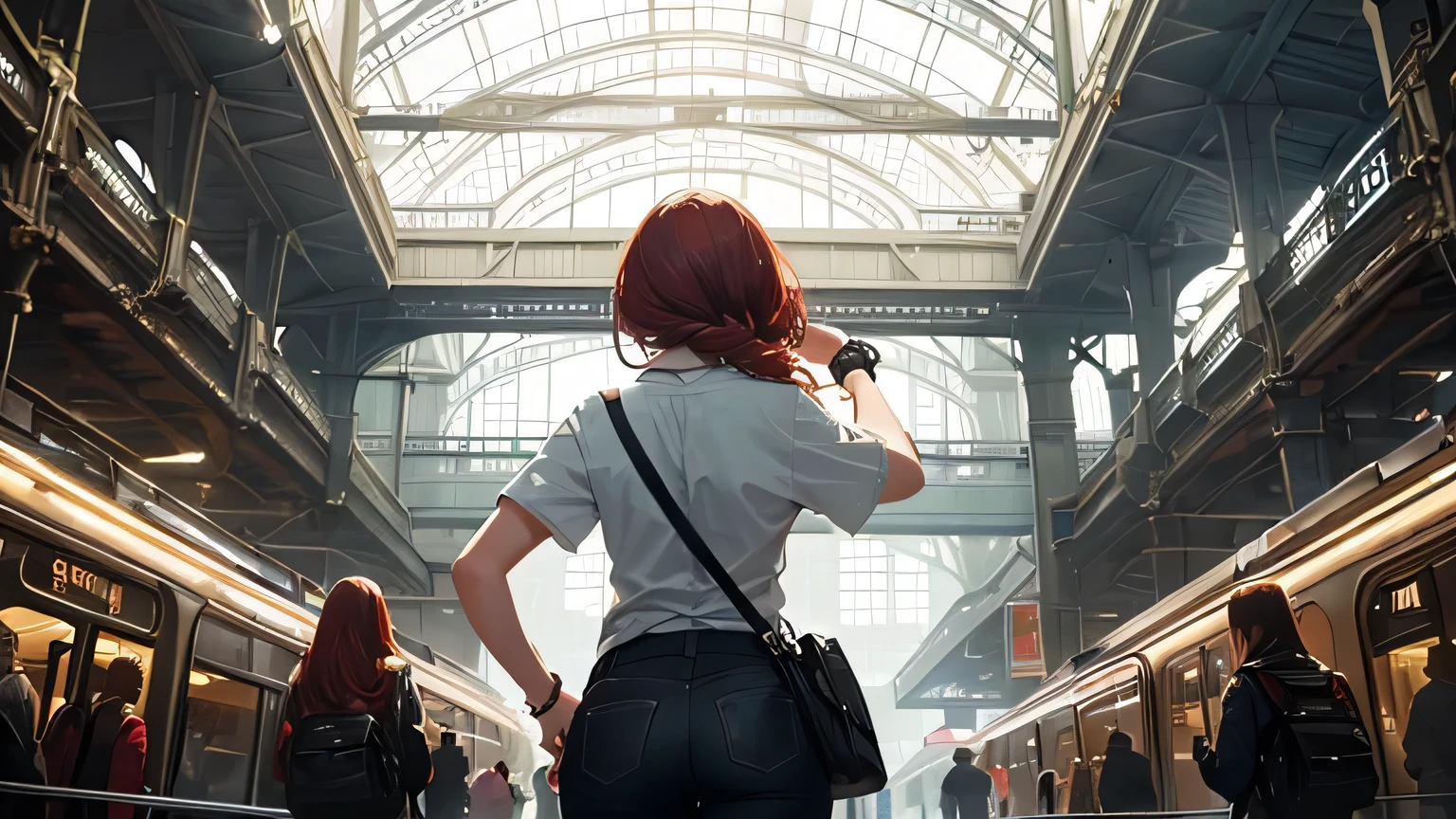 (masterpiece:1.5),(highest quality:1.5),(HDR:1.3),ambient light,ultra-high quality,(ultra detailed original illustration),8k,(((((1 girl, back view:1.2))))),A teenage girl with fiery red hair styled in intricate braids stands in the center of a bustling train station,her emerald green eyes reflecting the movement and chaos surrounding her. She wears a stylish,flowing top and comfortable cargo pants,her expression a mixture of curiosity and apprehension as she observes the diverse crowd. The scene is captured from a slightly low angle,emphasizing the towering architecture of the station and the play of light and shadow created by the arriving and departing trains. The art style is a blend of realism and impressionism,utilizing a vibrant color palette and loose brushstrokes to convey the energy and emotion of the moment.,