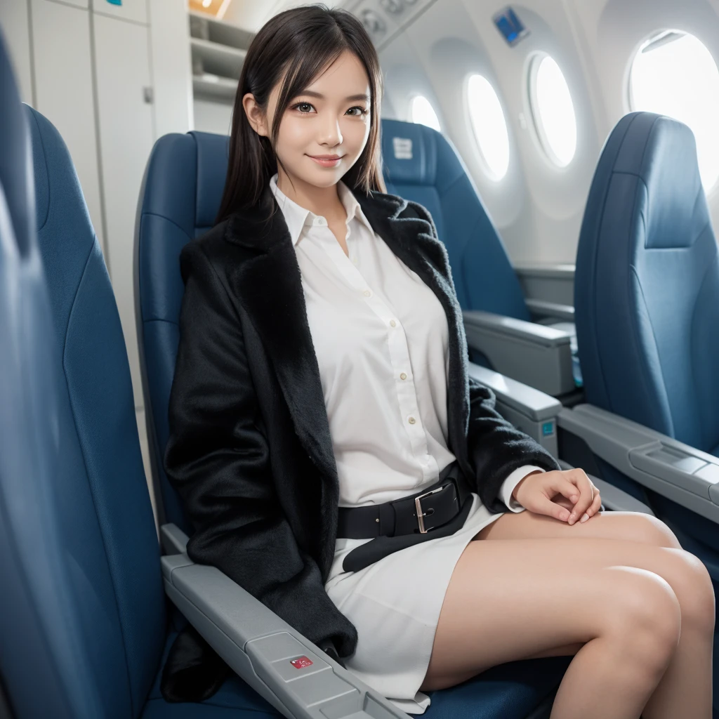 young girl 32 years old, flight attendant, sitting in the airplane seat, dressed in uniform, smiling, posing, 8k, maximum quality, maximum resolution, black fur, sexy, neckline, Free hair, very thin, pied, without jacket