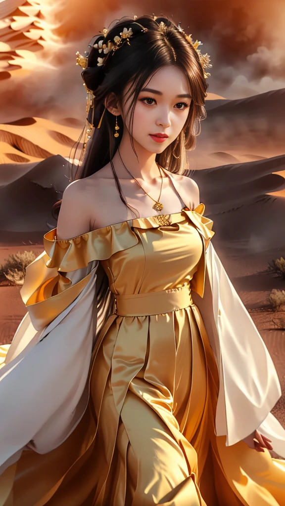 Girl in traditional Chinese clothing, Hanfu, Guzhen Hanfu women, White Hanfu,(long straight black hair:1.5), black eyes, black bun hairstyle, hair accessories ,gold long earrings, , Dia Necklace, Clear eyes, Facing forward,put on makeup, Long eyelashes ,(black long shoulder coat:1.8), (Very long skirt, black:1.5), ((Whole body covering)), Clear face, hair accessoriesจำนวนมาก , (Very beautiful face, Beautiful mouth, beautiful eyes), detailed face, ((Ultra-fine skin)), In the dark, deep shadows, an ancient Chinese girl (Very slim figure 1.3) ,Plump breasts, elegant posture , There is a red flower spot on the forehead. , pointing at the camera, (desert storm:1.9),(nighttime:1.2) , (White aura around:1.6)