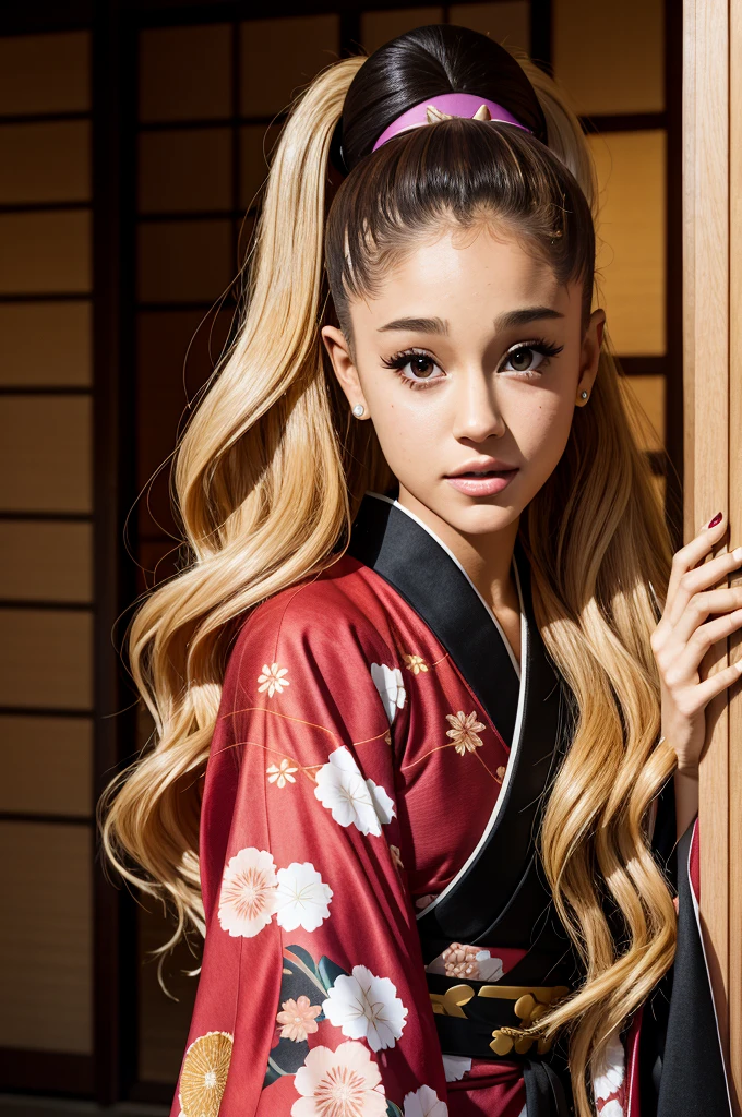 arianagrande, A woman (wearing kimono) posing for a picture, blonde hair 