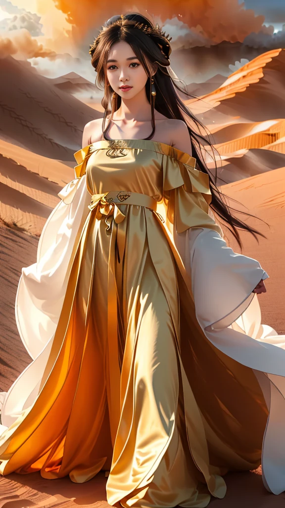 Girl in traditional Chinese clothing, Hanfu, Guzhen Hanfu women, White Hanfu,(long straight black hair:1.5), black eyes, black bun hairstyle, hair accessories ,gold long earrings, , Dia Necklace, Clear eyes, Facing forward,put on makeup, Long eyelashes ,(black long shoulder coat:1.8), (Very long skirt, black:1.5), ((Whole body covering)), Clear face, hair accessoriesจำนวนมาก , (Very beautiful face, Beautiful mouth, beautiful eyes), detailed face, ((Ultra-fine skin)), In the dark, deep shadows, an ancient Chinese girl (Very slim figure 1.3) ,Plump breasts, elegant posture , There is a red flower spot on the forehead. , pointing at the camera, (desert storm:1.9),(nighttime:1.2) , (White aura around:1.6)