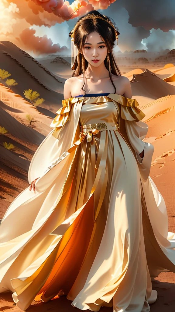 Girl in traditional Chinese clothing, Hanfu, Guzhen Hanfu women, White Hanfu,(long straight black hair:1.5), black eyes, black bun hairstyle, hair accessories ,gold long earrings, , Dia Necklace, Clear eyes, Facing forward,put on makeup, Long eyelashes ,(black long shoulder coat:1.8), (Very long skirt, black:1.5), ((Whole body covering)), Clear face, hair accessoriesจำนวนมาก , (Very beautiful face, Beautiful mouth, beautiful eyes), detailed face, ((Ultra-fine skin)), In the dark, deep shadows, an ancient Chinese girl (Very slim figure 1.3) ,Plump breasts, elegant posture , There is a red flower spot on the forehead. , pointing at the camera, (desert storm:1.9),(nighttime:1.2) , (White aura around:1.6)