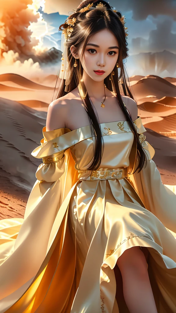 Girl in traditional Chinese clothing, Hanfu, Guzhen Hanfu women, White Hanfu,(long straight black hair:1.5), black eyes, black bun hairstyle, hair accessories ,gold long earrings, , Dia Necklace, Clear eyes, Facing forward,put on makeup, Long eyelashes ,(black long shoulder coat:1.8), (Very long skirt, black:1.5), ((Whole body covering)), Clear face, hair accessoriesจำนวนมาก , (Very beautiful face, Beautiful mouth, beautiful eyes), detailed face, ((Ultra-fine skin)), In the dark, deep shadows, an ancient Chinese girl (Very slim figure 1.3) ,Plump breasts, elegant posture , There is a red flower spot on the forehead. , pointing at the camera, (desert storm:1.9),(nighttime:1.2) , (White aura around:1.6)