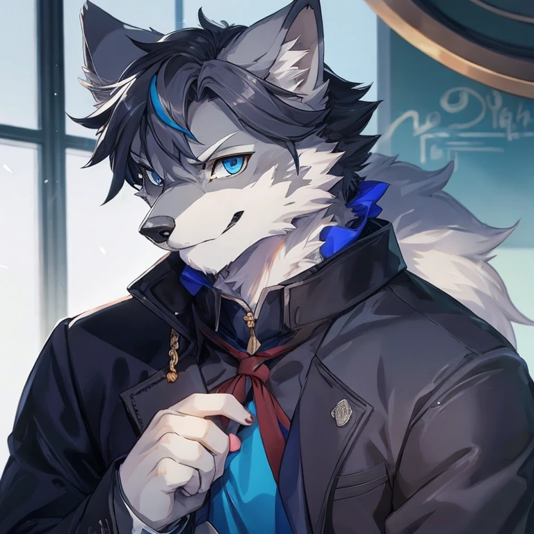 (best quality,ultra-detailed,realistic:1.37),grey wolf in a suit and overcoat,serious expression,gazing at the viewer,anime style,detailed grey wolf,fully grey fur,monochromatic color,grey,serious demeanor, blue eyes