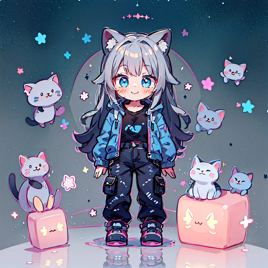 ((Highest quality，masterpiece，Extremely complex and exquisite details，A short girl with gray and blue cat ears and long hair is in the center，Gray blue super long straight hair，Curly hair at the ends，Sparse air bangs，Gray and pink T-shirt with xJ lettering，Denim hooded cropped jacket，Black and gray long cargo pants))，(pink and white sneakers，Smile slightly，Surrounded by tons of cute short-legged cats，Correct anatomy)，Super Q super cute short full body portrait，Starry sky background vertical painting space scene