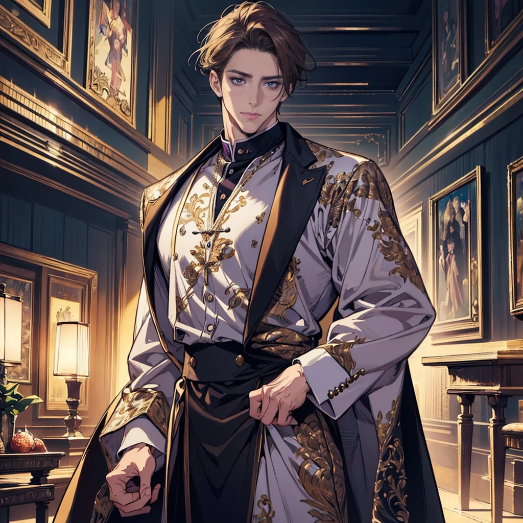 {(Best Quality, 8k, Masterpiece, HDR, soft lighting, Perfect picture, digital illustration, Manga art, Hyper detailed image, perfect lines, realist)} 1 very handsome 40 year old man, short dark blonde hair, violet eyes, luxurious clothing (imposing posture)