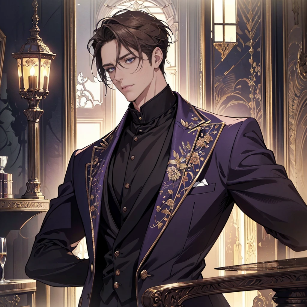 {(Best Quality, 8k, Masterpiece, HDR, soft lighting, Perfect picture, digital illustration, Manga art, Hyper detailed image, perfect lines, realist)} 1 very handsome 40 year old man, short dark blonde hair, violet eyes, luxurious clothing (imposing posture)