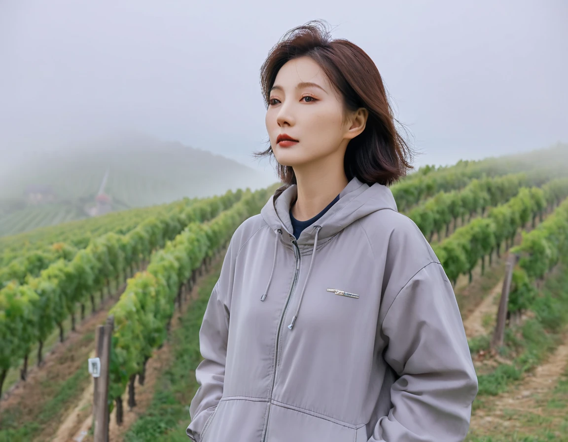 8k best picture quality, Beautiful 36-year-old Korean woman, short and nice weather. Chest size 34 inches, Dense fog at dawn in the Italian countryside, past the vineyard, A cathedral can be seen far away in the fog.., The back background is realistic and vivid quality., Short and medium hair blowing in the wind,Wear a t-shirt, a light windbreaker, and gray jeans.., a faint smile. the background is clear, Short and slim Korean woman, stand far away, Photo taken with a wide-angle lens, Taken from a hill overlooking a misty vineyard, Full body photo taken with Canon Mark 5 camera 16-35 wide angle lens, Full body shot from afar
