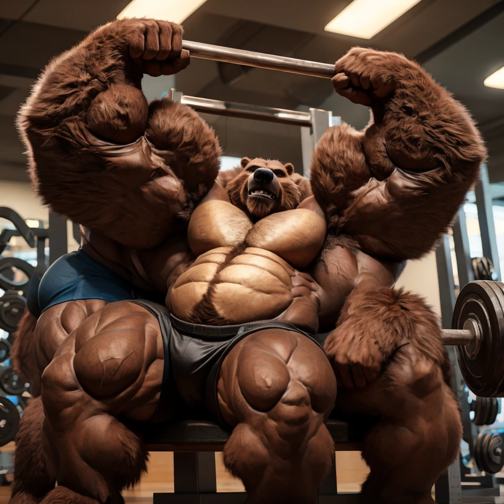 (best quality, 4k, highres, masterpiece:1.2), 1bear, 1boy, ultra-detailed, fury, furry art (realistic, photorealistic, photo-realistic:1.37), massive muscular, huge muscular, chubby Grizzly bear, working out, incline bench press, workout in the gym, pumping his huge pectoral muscles, straining, sweating, black shorts and black wristbands, lifting heaviest weight, barbells, gym equipments, brown hair, thick brown fur, super thick arms, super big pectoral, super wide hairy pectoral, topless, shirtless, eyebrows, impressive brown beard, strong jawline, kind eyes, strong arms, proud posture, well-built physique, professional lighting and backdrop, intense shadows, vibrant colors, dramatic composition, gritty texture, vintage aesthetic, dynamic perspective. Add textures and details to make the image more realistic, such as the appearance of the body built muscles texture and the appearance of the brown fur, pumping up Bench Press 500 pounds raw paused x2 405x10 paused