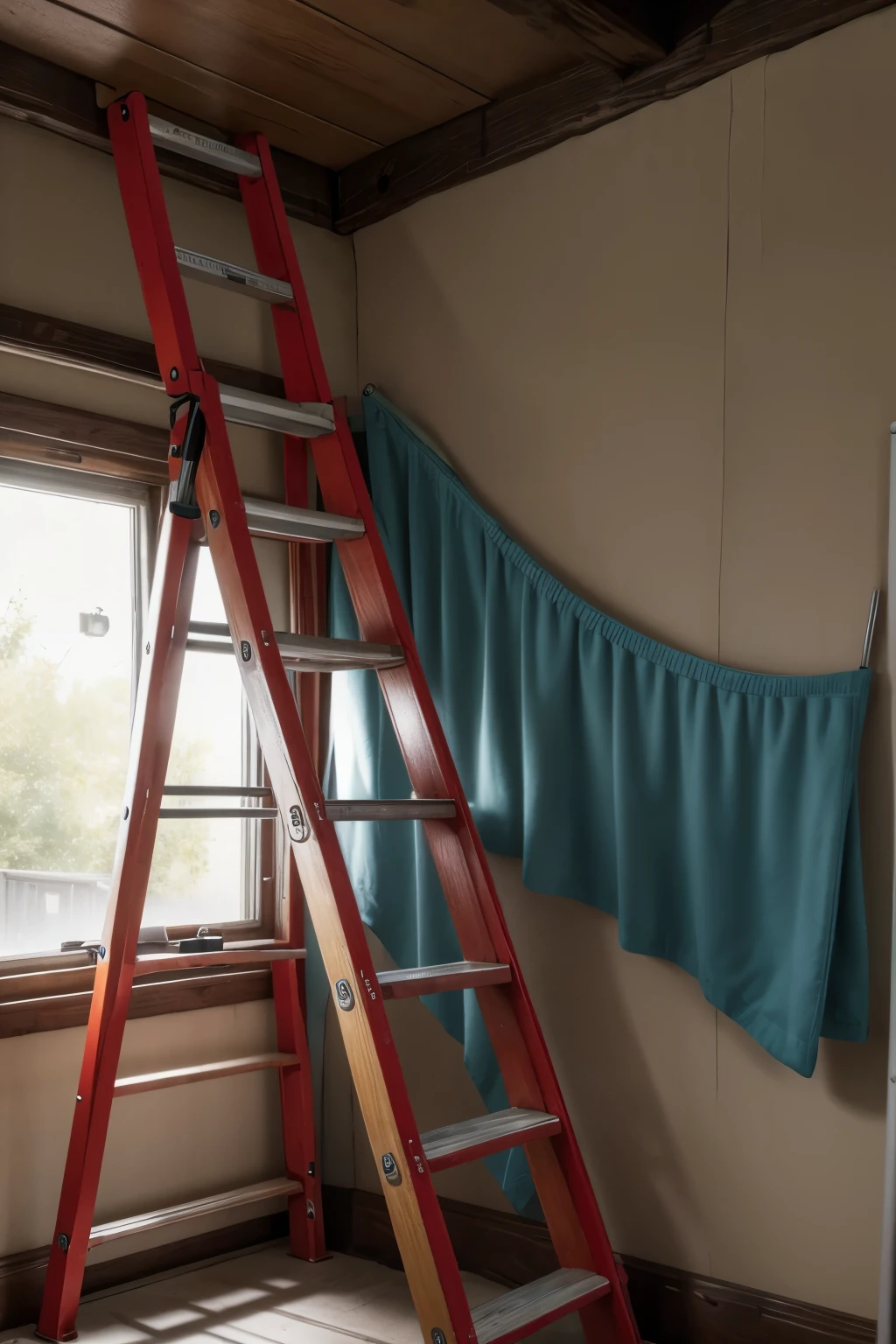 Ladder with leveler for uneven terrain with magnetic blanket at the top of the ladder for tools