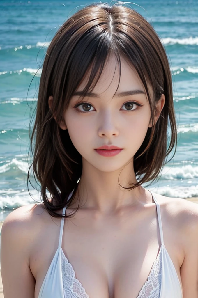 ((Highest quality)),((8K、32k)),(Genuine)、(detailed)、(Beach)、((Bust up shot))、((face closeup))、(White skin)、(Big Breasts)、The best balance between face and shoulder width、Micro Bikini、Shiny Hair、Short Bob、Glowing Skin、Japanese、beauty、Looking into the camera、Thick lips、cute、Hehehe:1.2、Shot with a film camera、RAW shooting、#24、Genuine、フォトGenuine:1.4、Photon Mapping、Physically Based Rendering、Perfect Anatomy、detailedなデコルテ、detailedな目、detailedな二重、detailedな咬筋、detailedな鎖骨、Perfect Fingers、Finger Description、(品質 8K)、((White skin))、Avoid mascara、Hair with movement、detailedな毛穴、Natural light、detailedな描写、Blushing、Fine pores、Perfect cleavage、masterpiece、Blushing、detailedな腹筋、sexy、detailedな脇の下、(slender)、(Upper Body)、detailedな目元、