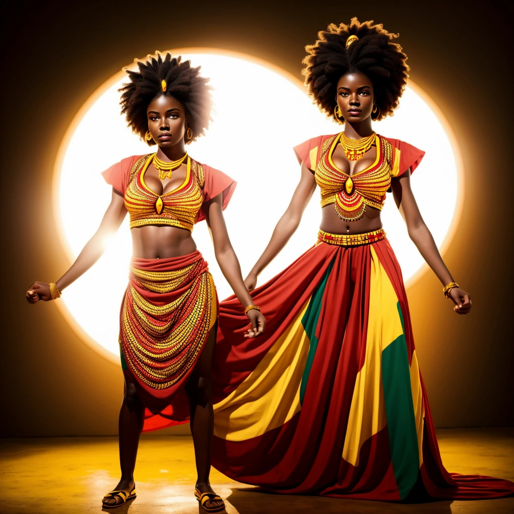 African goddess of war, red and yellow clothing, white background, rays, wind, light