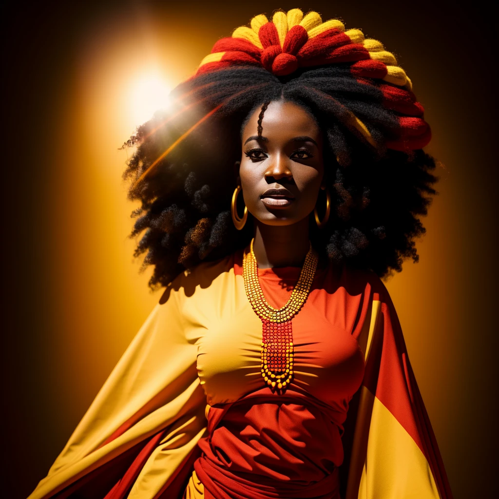 African goddess of war, red and yellow clothing, white background, rays, wind, light