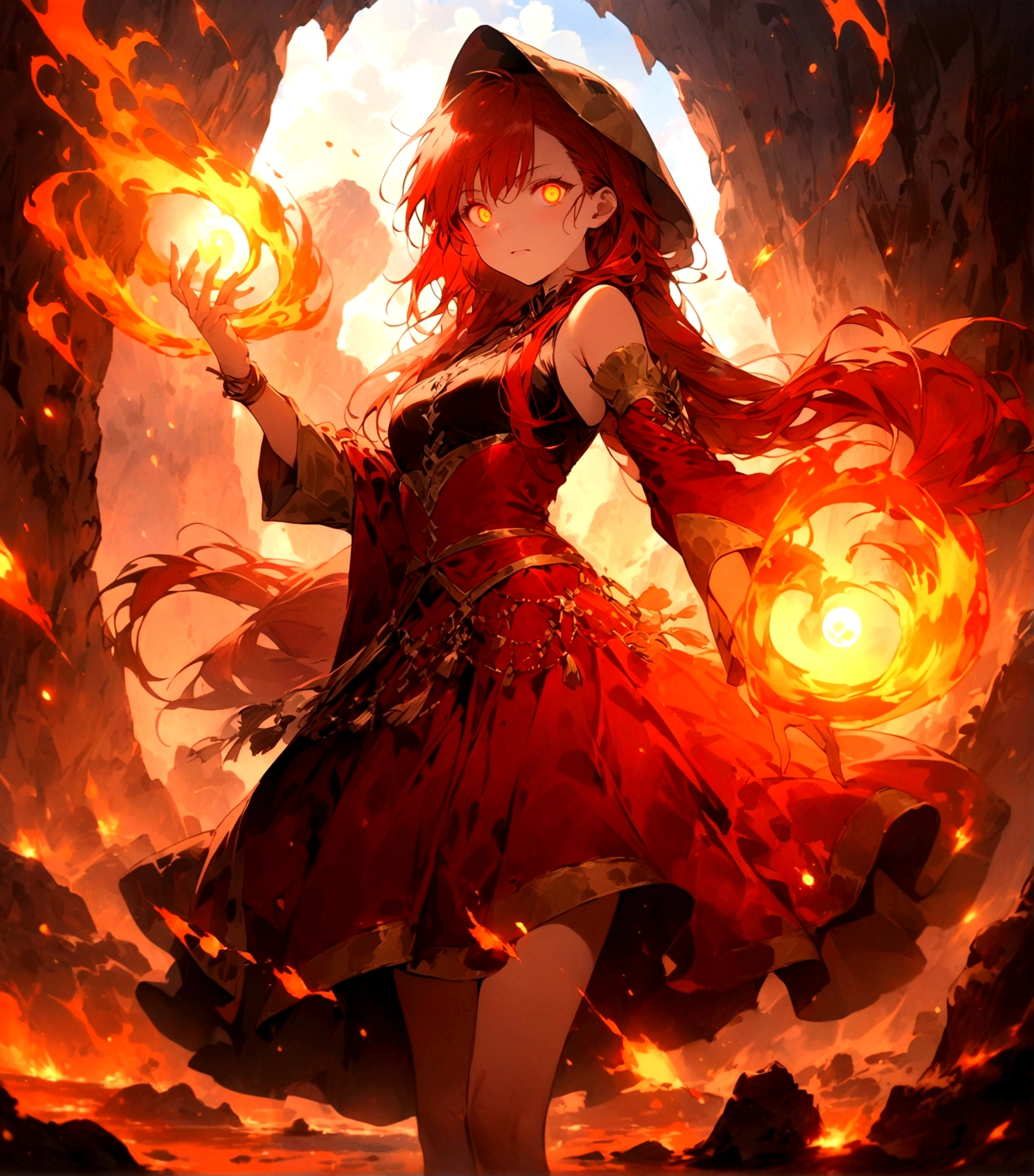 Female (mage, age of 30, long hair, red hair, floating hair, fiery colored eyes, red and gold robes, tanned skin, intense face, glowing eyes) is casting a spell), (flames are swirling around), beautiful volcanic landscape, molten lava flowing, summery hot air shimmering, (embers floating in the air, creating a warm glow), the noonday sun in the sky, male is at a volcanic crater, BREAK, Quality (4k, wallpaper of extremely detailed CG unit, masterpiece, high resolution, top-quality, top-quality real texture skin, hyper-realistic, increase the resolution, RAW photos, best quality, highly detailed, the wallpaper, cinematic lighting, ray trace, golden ratio.), BREAK, Shot(Long shot, wide shot.)