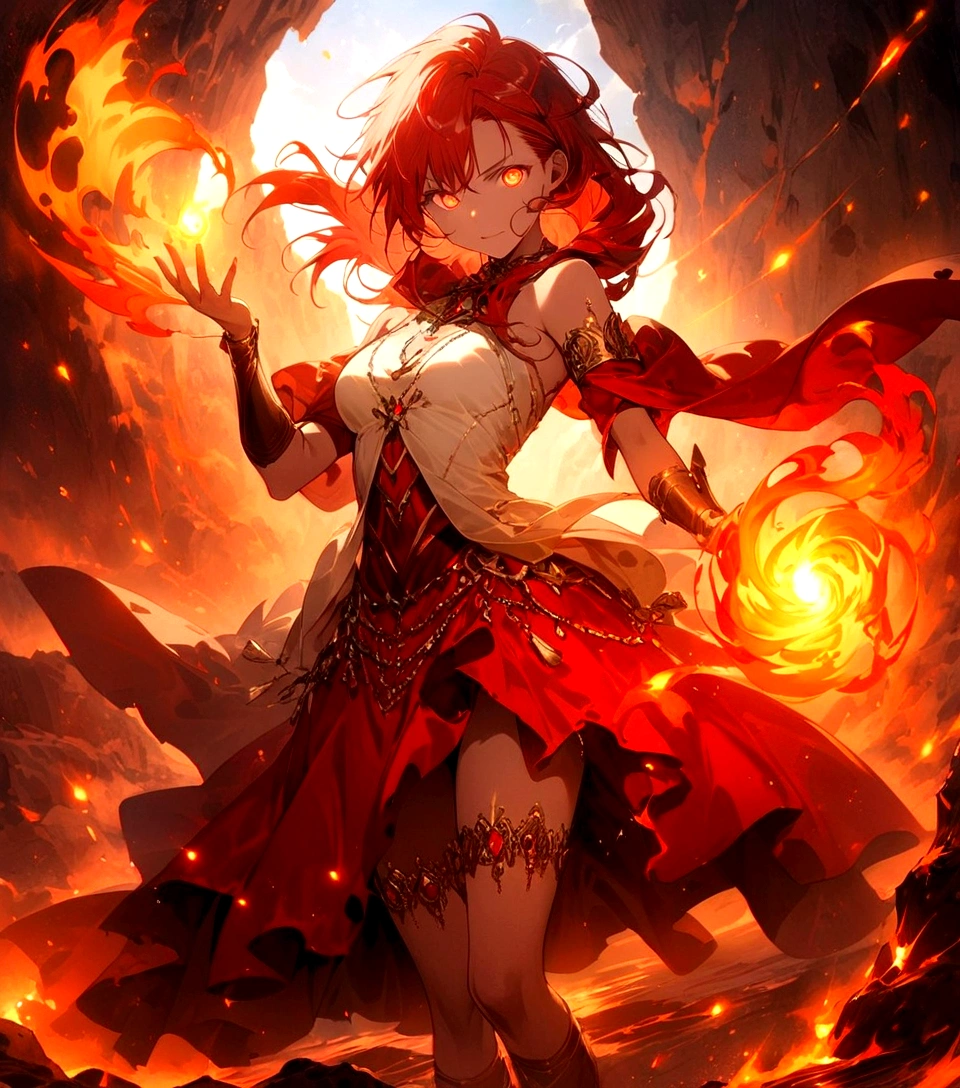 Female (mage, age of 30, long hair, red hair, floating hair, fiery colored eyes, red and gold robes, tanned skin, intense face, glowing eyes) is casting a spell), (flames are swirling around), beautiful volcanic landscape, molten lava flowing, summery hot air shimmering, (embers floating in the air, creating a warm glow), the noonday sun in the sky, male is at a volcanic crater, BREAK, Quality (4k, wallpaper of extremely detailed CG unit, masterpiece, high resolution, top-quality, top-quality real texture skin, hyper-realistic, increase the resolution, RAW photos, best quality, highly detailed, the wallpaper, cinematic lighting, ray trace, golden ratio.), BREAK, Shot(Long shot, wide shot.)