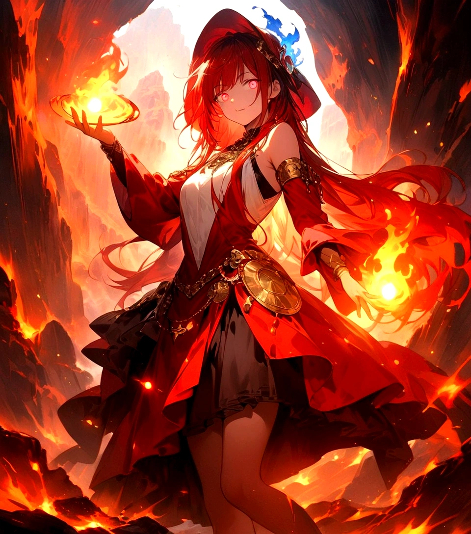 Female (mage, age of 30, long hair, red hair, floating hair, fiery colored eyes, red and gold robes, tanned skin, intense face, glowing eyes) is casting a spell), (flames are swirling around), beautiful volcanic landscape, molten lava flowing, summery hot air shimmering, (embers floating in the air, creating a warm glow), the noonday sun in the sky, male is at a volcanic crater, BREAK, Quality (4k, wallpaper of extremely detailed CG unit, masterpiece, high resolution, top-quality, top-quality real texture skin, hyper-realistic, increase the resolution, RAW photos, best quality, highly detailed, the wallpaper, cinematic lighting, ray trace, golden ratio.), BREAK, Shot(Long shot, wide shot.)