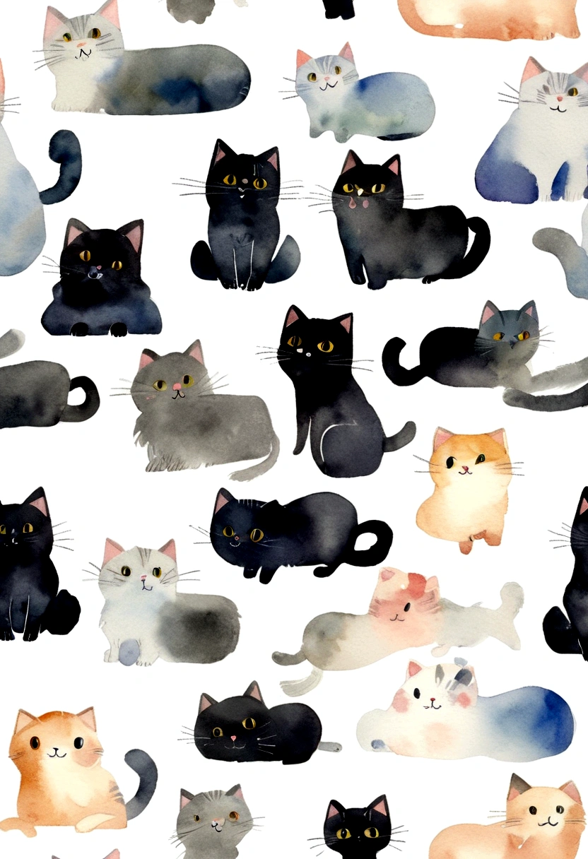 cute, Cat, White Background, Stylized, chibi, Fluffy fur, watercolor, 和Cat, 黒Cat, 犬に立ち向かう子Cat, One