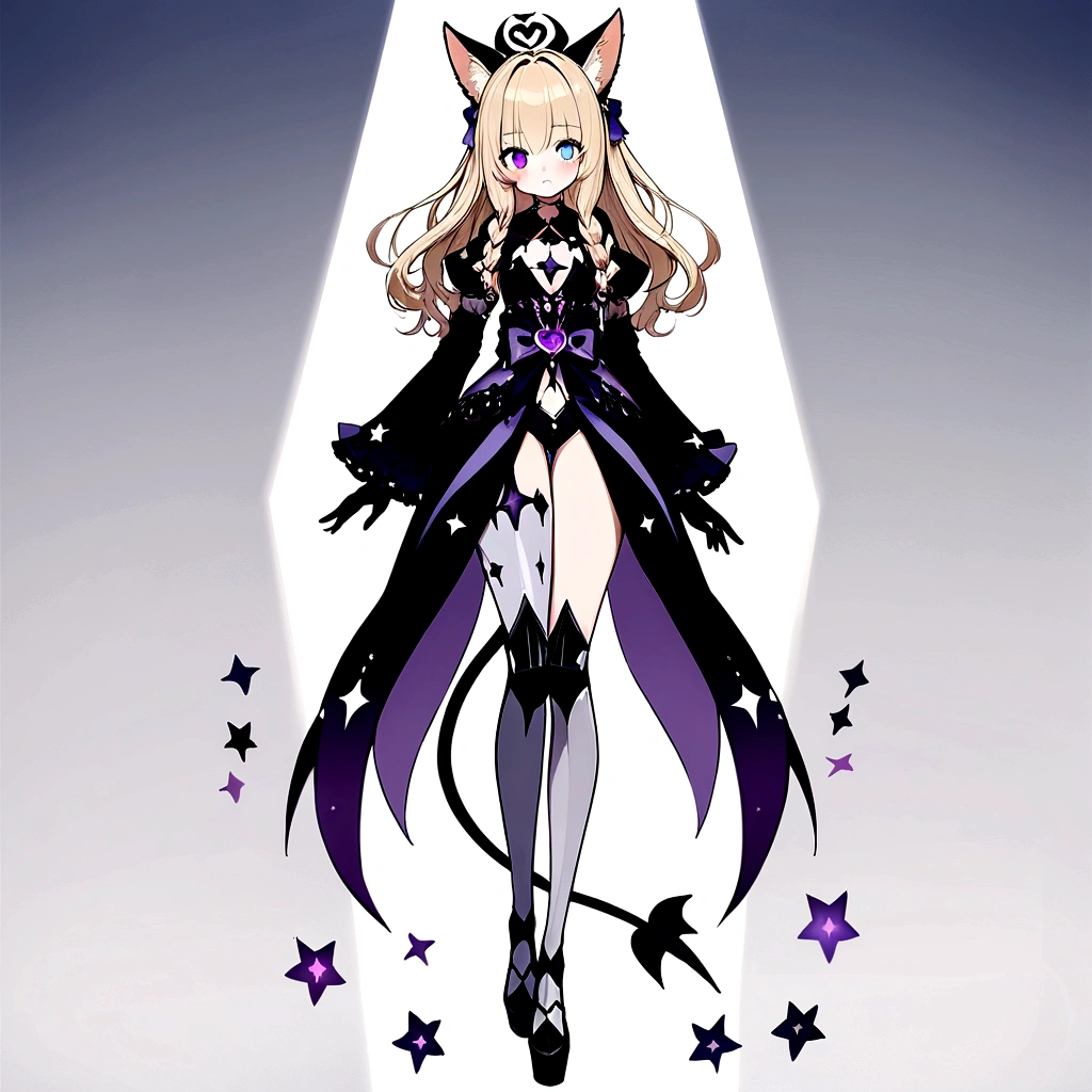 woman 170 cm tall. (character design sheet: front view). Dark blonde long hair, slim build. wavy hair with hip length curls, has a short central tuft, She has a short braid on the left side over her chest with a purple bow, She has a short braid on the right side over her chest with a purple bow. Two black and purple serval ears located on the top of the head... small face. (heterochromia: one gray eye and one purple eye), has small ribbons on the right and left side of the hair. extremely detailed face, Beautiful detailed eyes, beautiful detailed lips. adorable, extremely detailed legs, (Best Quality, 4k, 8k, high resolution), ultra detailed, Exquisite and epic character art... Black platform heels, Elegant one-piece long dress with ruffle skirt and wide sleeves. Ribbon decorations and star patterns on clothing. black gloves. gray belt at the waist with a large ribbon with a luminous pink heart in the middle. black necklace with heart emblem on the neck. It has a succubus tail with a small luminous violet star at the tip of the tail...... (wide hip). Luminous black halo with purple star patterns above his head..... (medium chest size). Mechanical legs up to the thigh in black.