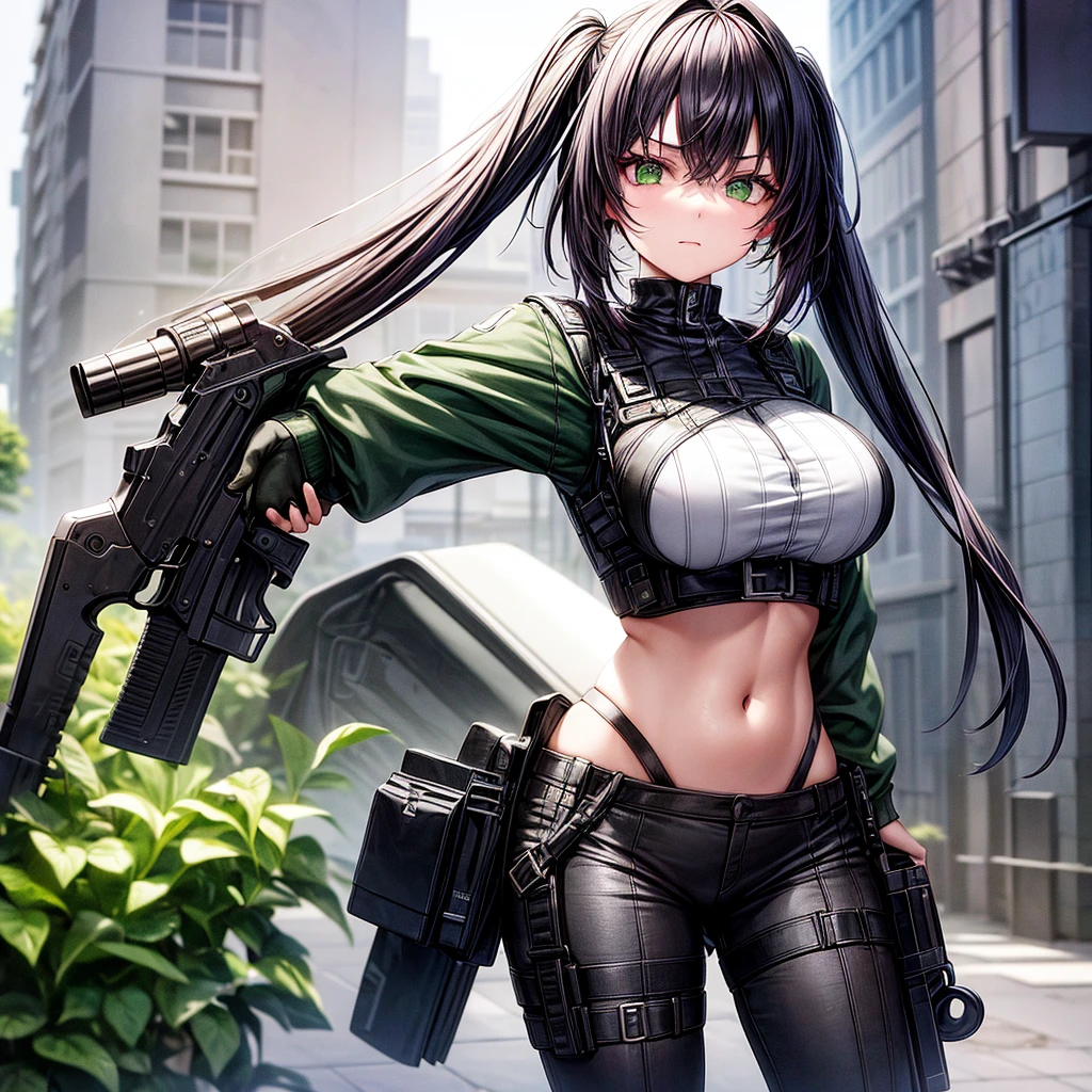 an 18 year old woman,with two-tone black and pink hair,white skin and green eyes,with average bust wearing black clothes and a bulletproof vest, in the background behind an apartment, well drawn arms and body