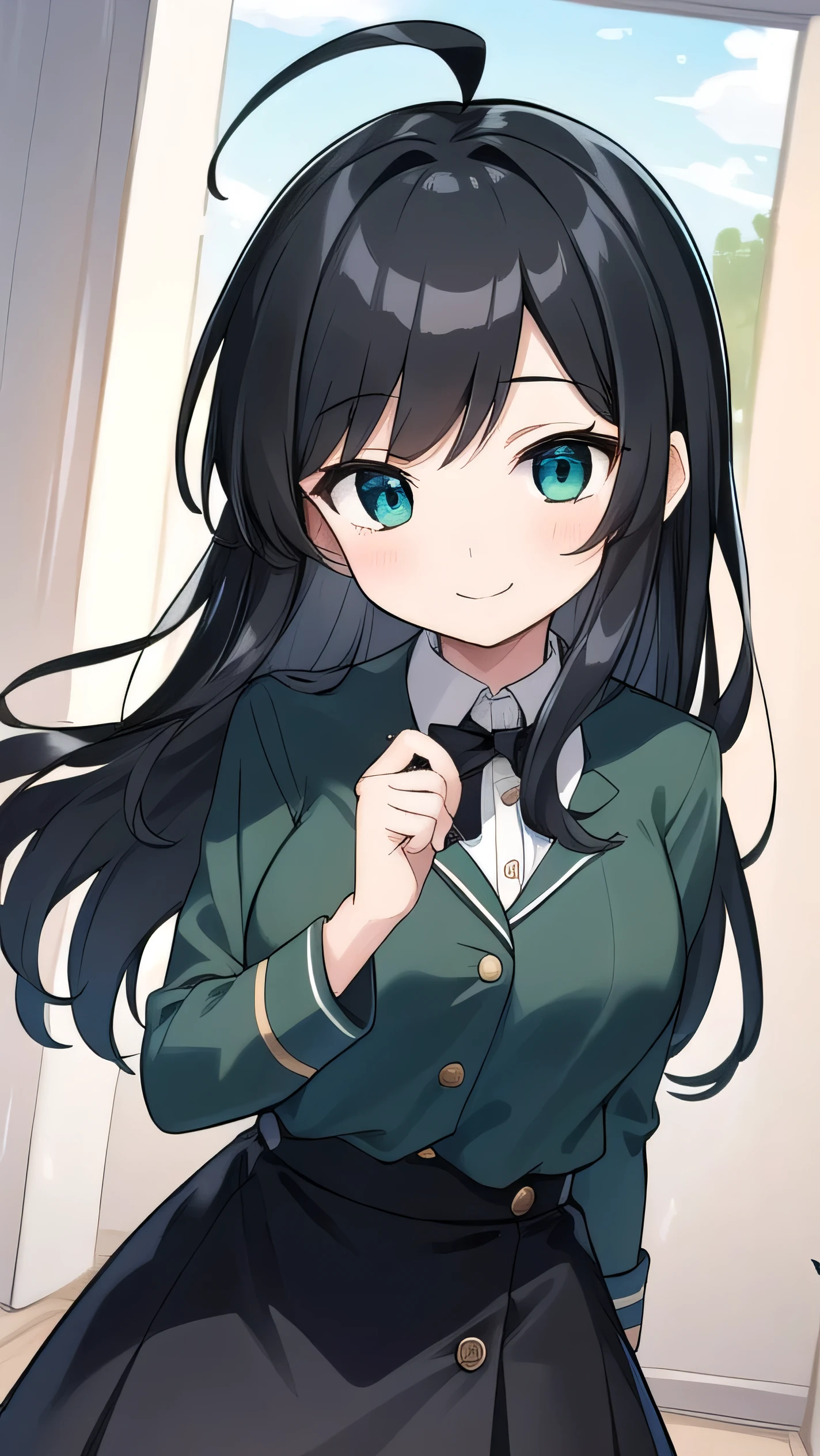 high schoolooks like an elementary school st short, 140 cm tall, black slight green tinge, short ahoge, beautiful long hair but with a little hair sticking out, beautiful round eyes, blue eyes, smile, boyish, long sleeves, Thick clothes, skirt, big breasts, hair longer than waist, long hair, childish face, gentle smile, a little shy, black skirt, black hair with a slight green tinge, boyish, gentle smile, jacket one size larger, ( Deep greenish black hair: 1.3)