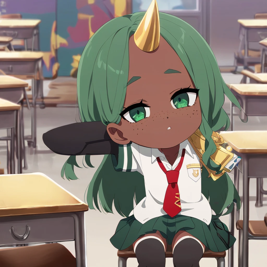 A girl in the Boku no hero style, gray uniform with a white blouse underneath with a red tie on the sleeve, two green stripes and the coat fastened with gold buttons,
At the bottom, a dark green skirt and knee-length stockings. a garota tem cabelos pretos com varias mexas azuis preso em um rabo de cavalo e cortado dos lados, She has freckles on her dark skin with one green eye and one blue eye. She has a horn on each side of her head, one blue and one black.. She is in the U classroom.a