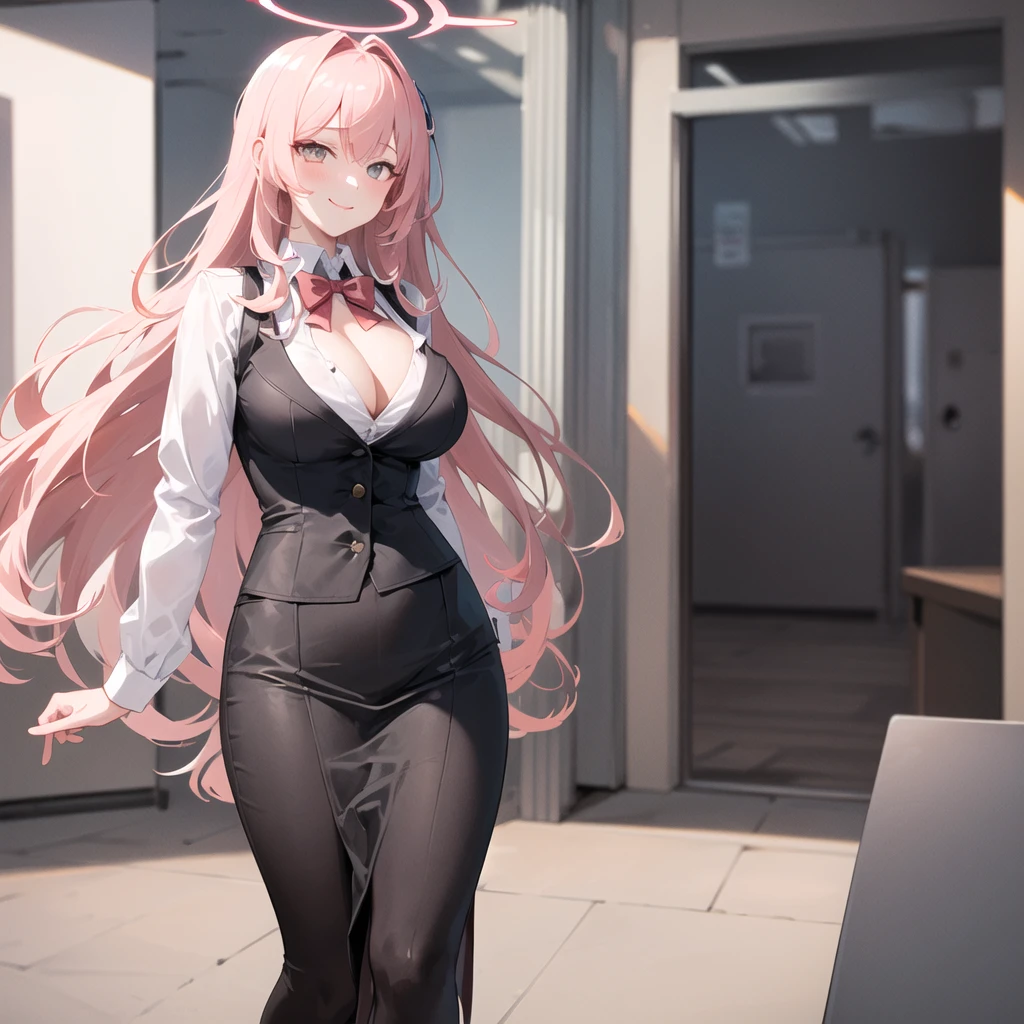 (blue archives Aru:1.5), horns, (standing in office alone), (solo:1.2), BREAK, skinny, bending back, tiptoe, BREAK, (huge breasts), narrow waist, short torso, (skinny long legs:1.2), BREAK, sheer white blouse, neck ribbon, black very short tight-fit high-waist skirt with slit, thigh gap, highheels, BREAK nose blush, open mouth, flustering
