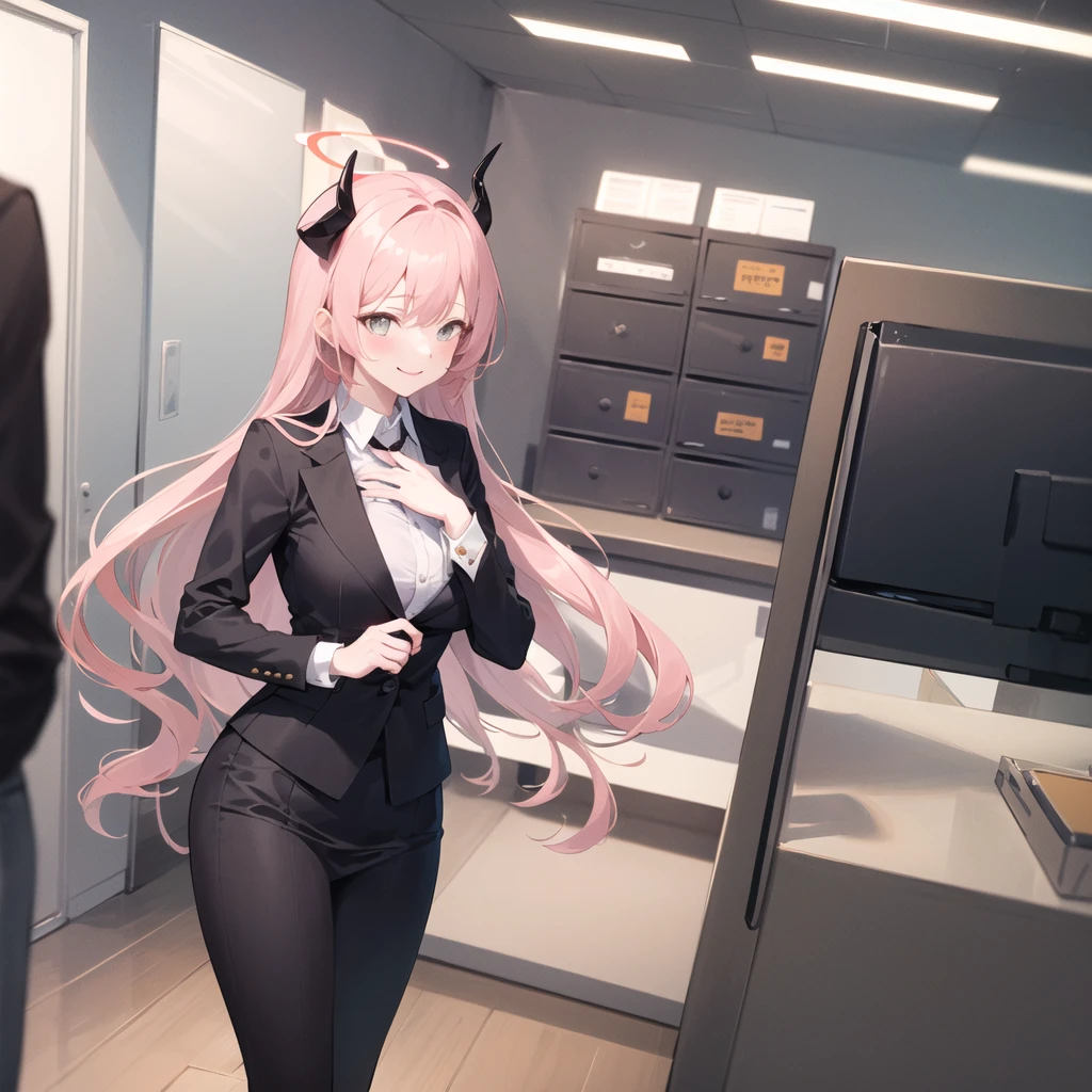 ((masterpiece, best quality)), (1girl),((mature female)), lightpink hair, halo, horn, ((office lady )),bangs,middle breast,(busty),slim,smile, [wide hips],office,standing, aru \(blue archive\),