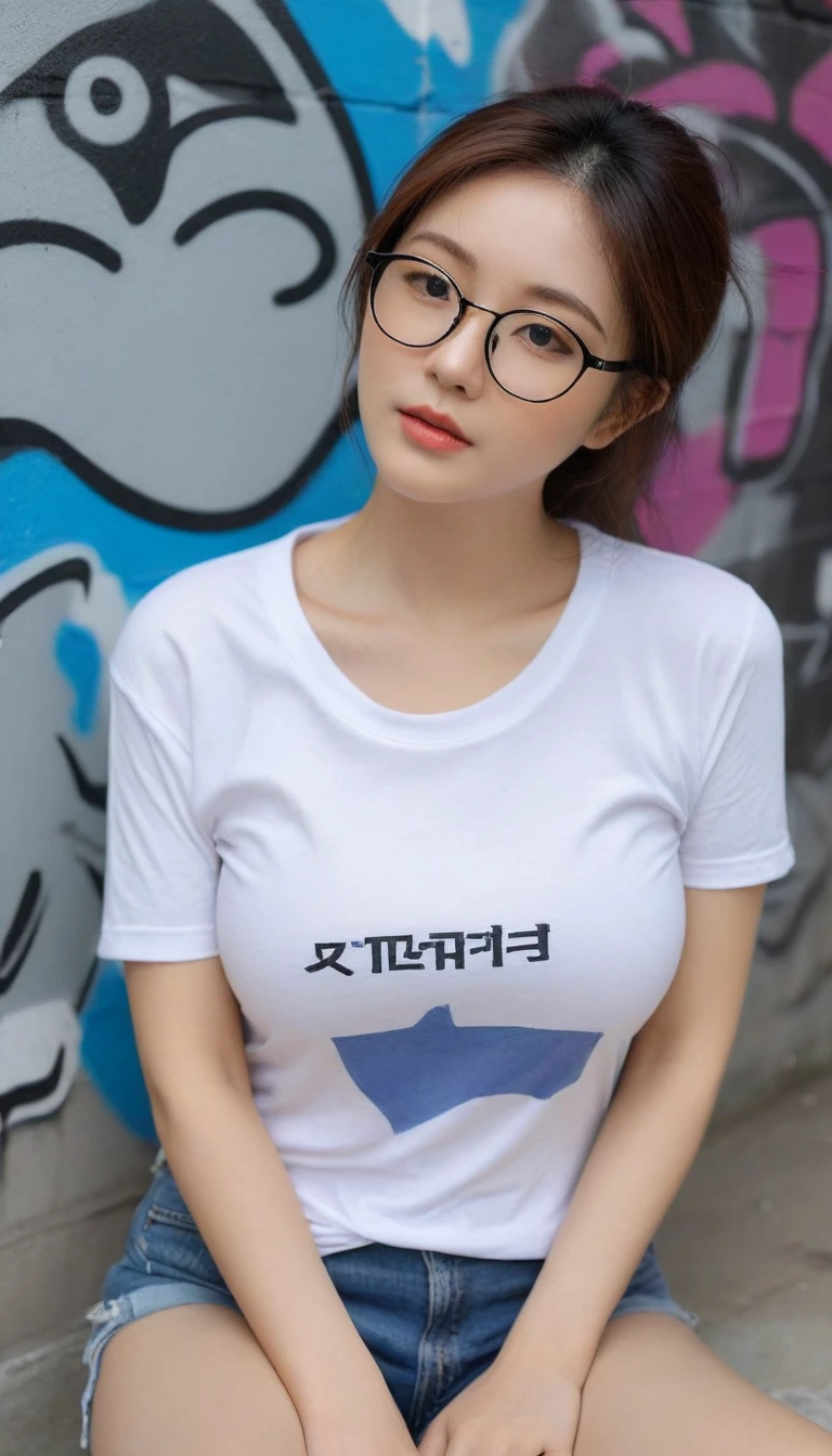 close-up of beautiful korean female, 34 inch breasts size, wearing t-shirt , wearing glasses, sitting against graffiti wall, UHD